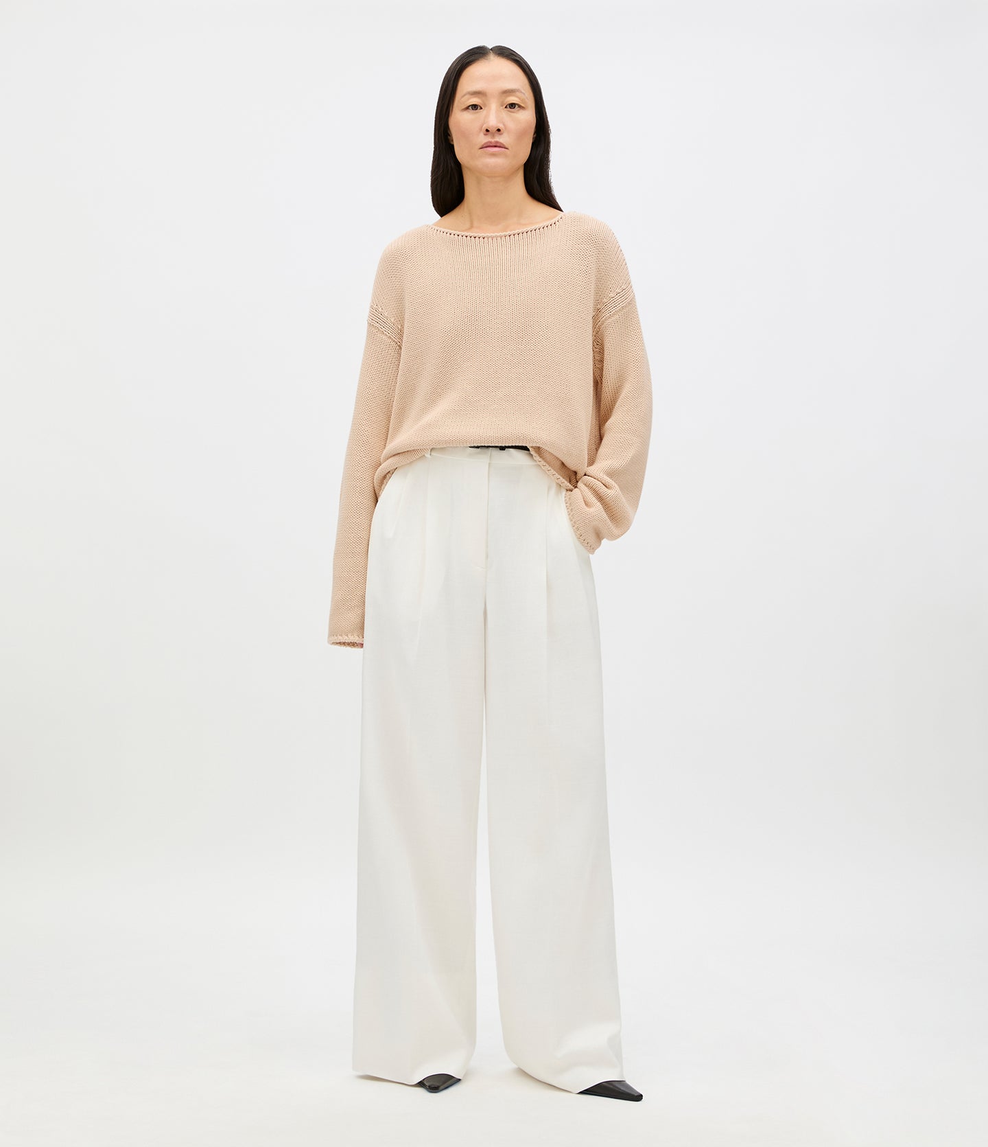 Another Tomorrow Draped Knit Sweater in Sand – Cotton Women's Knitwear