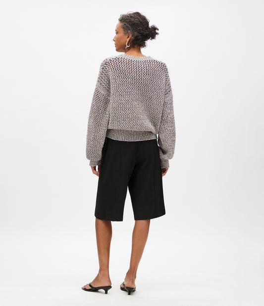 Another Tomorrow Open Knit Crewneck in Black Ecru – Cotton Women's Knitwear
