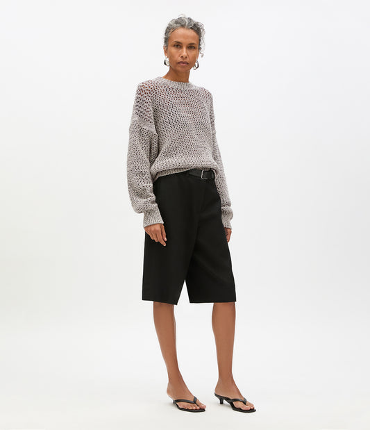 Another Tomorrow Open Knit Crewneck in Black Ecru – Cotton Women's Knitwear