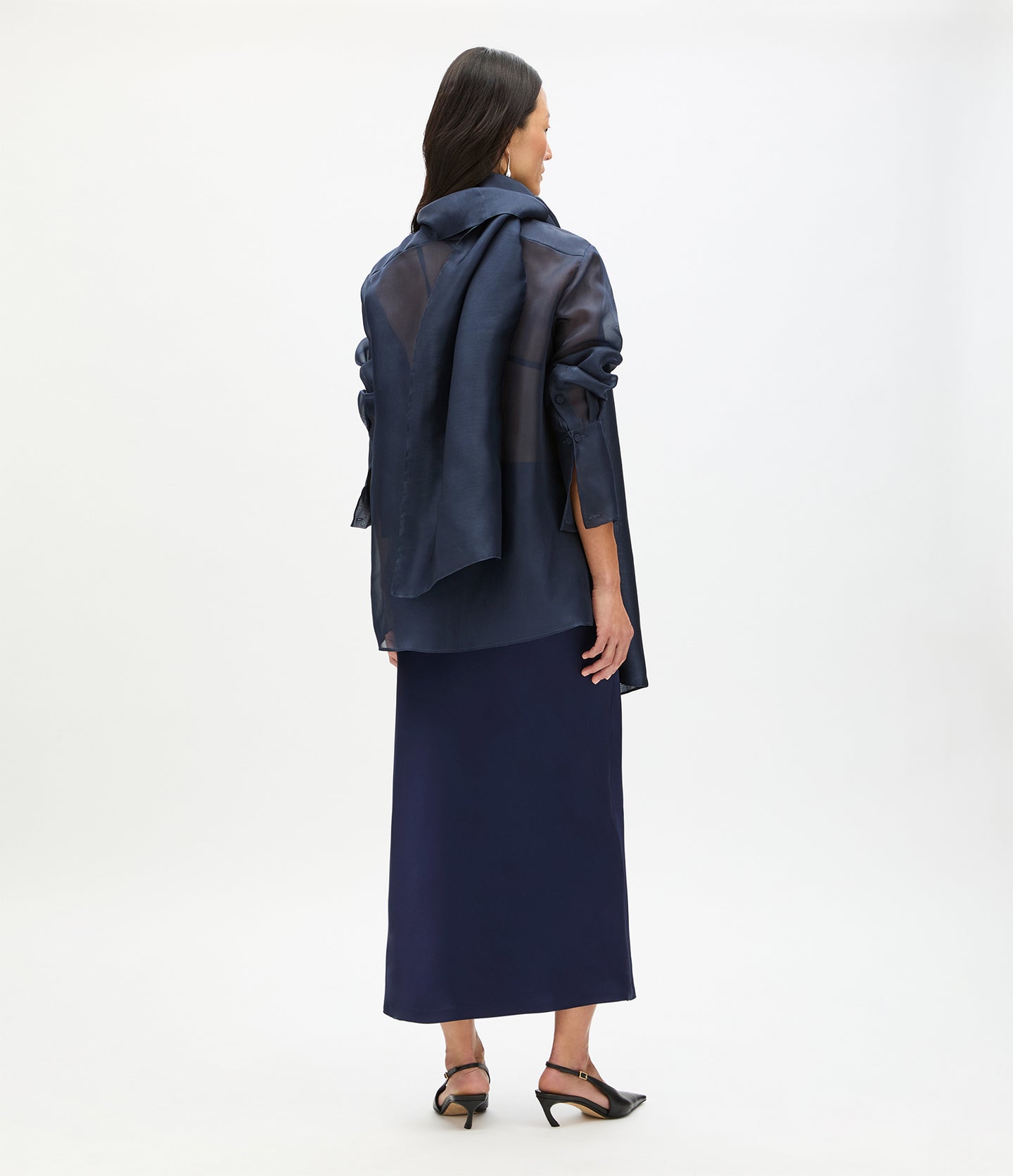 Another Tomorrow Organza Bow Blouse in Indigo – Silk Women's Top