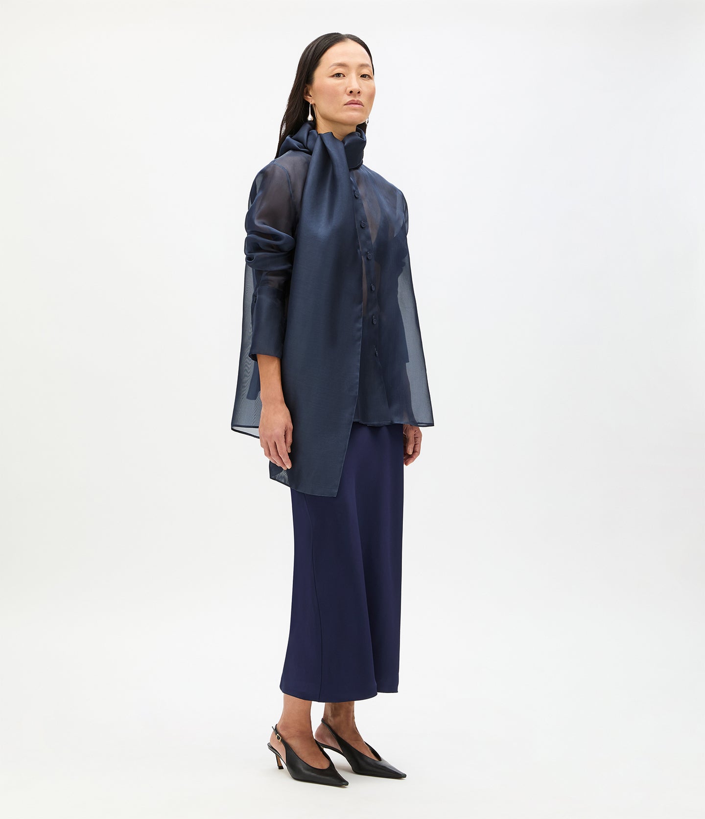 Another Tomorrow Organza Bow Blouse in Indigo – Silk Women's Top