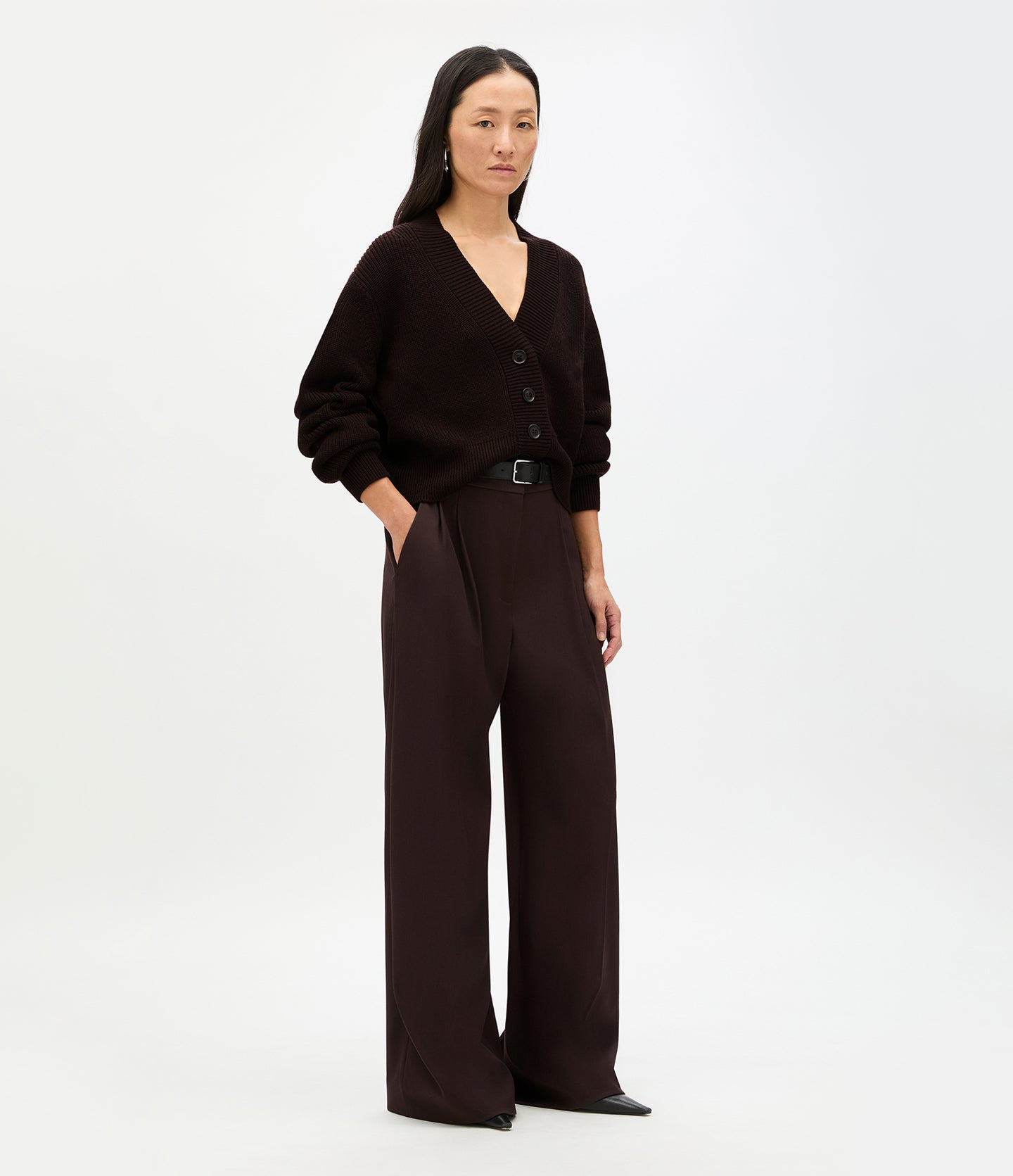 Another Tomorrow Rib Cropped Cardigan in Chocolate – Wool Women's Knitwear