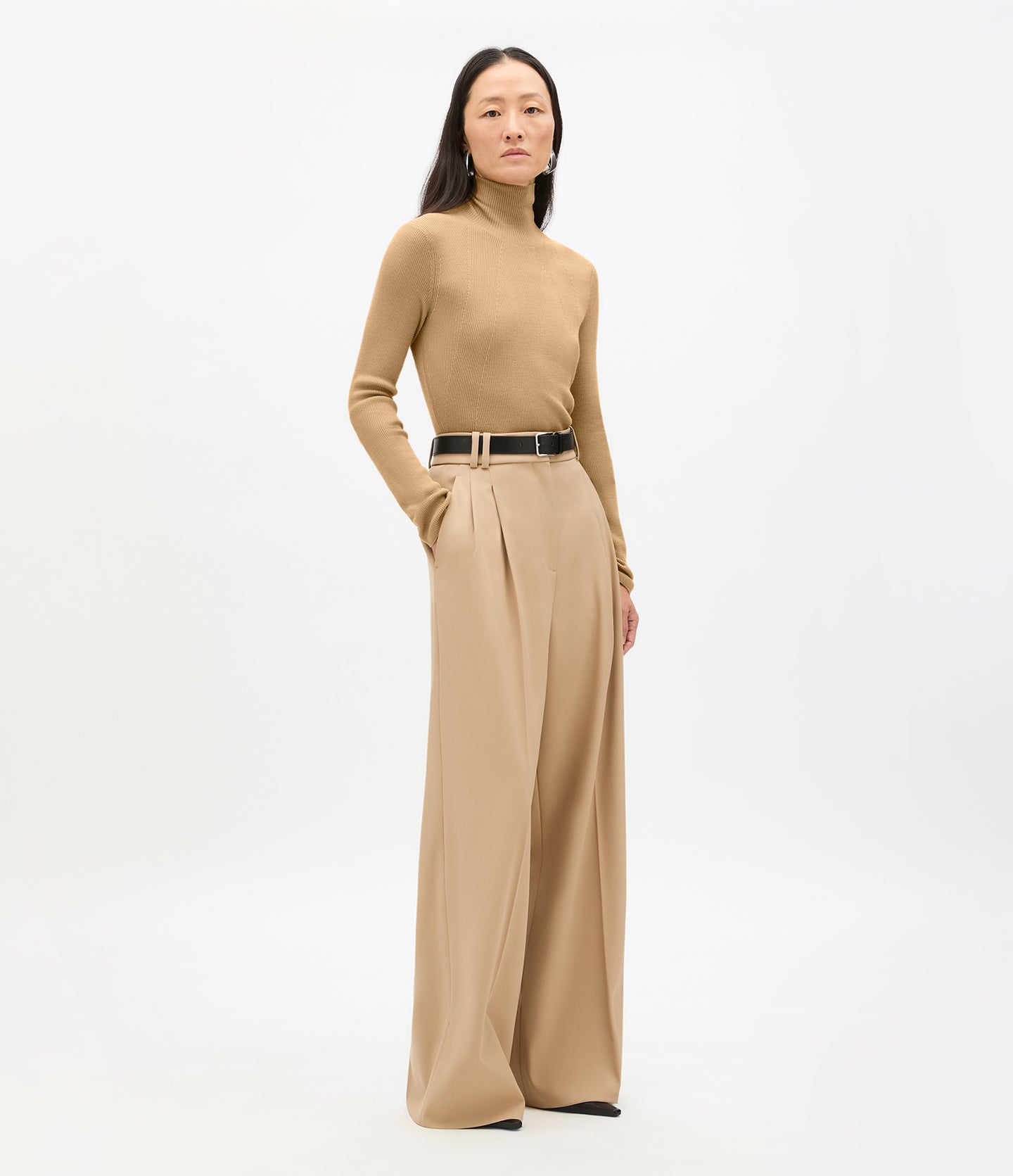 Another Tomorrow Rib Knit Turtleneck in Camel – Wool Women's Knitwear