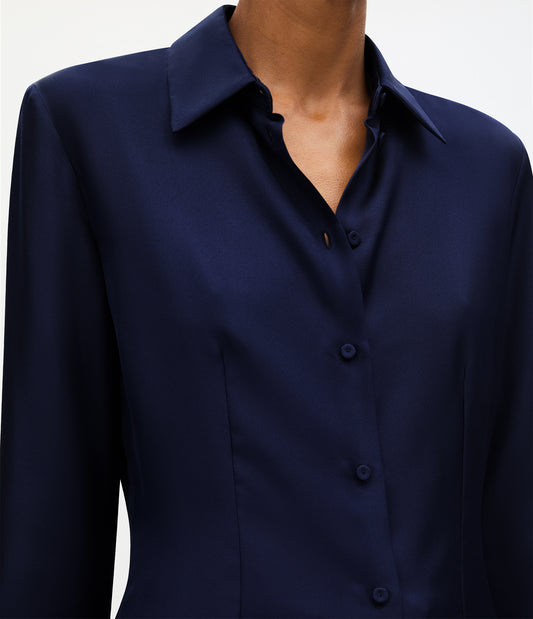 Another Tomorrow Silk Fitted Blouse in Indigo – Silk Women's Top