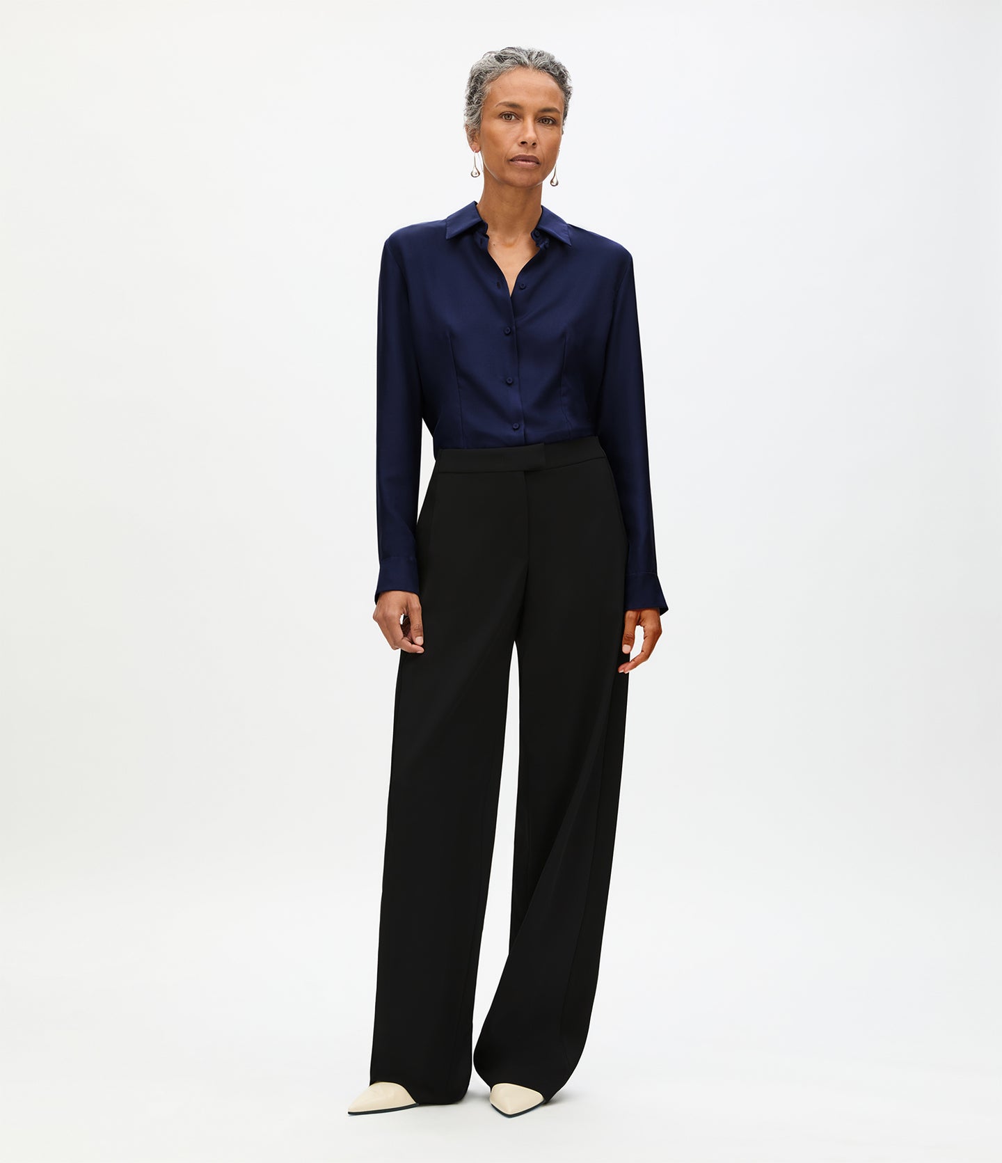 Another Tomorrow Silk Fitted Blouse in Indigo – Silk Women's Top