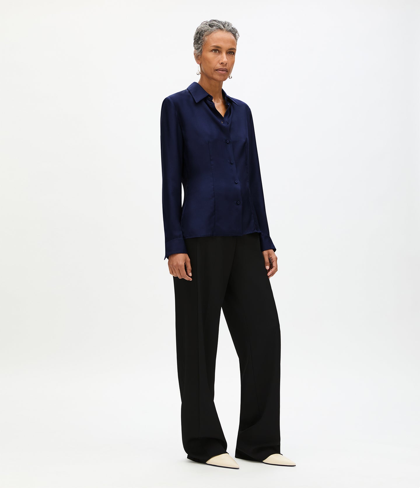 Another Tomorrow Silk Fitted Blouse in Indigo – Silk Women's Top