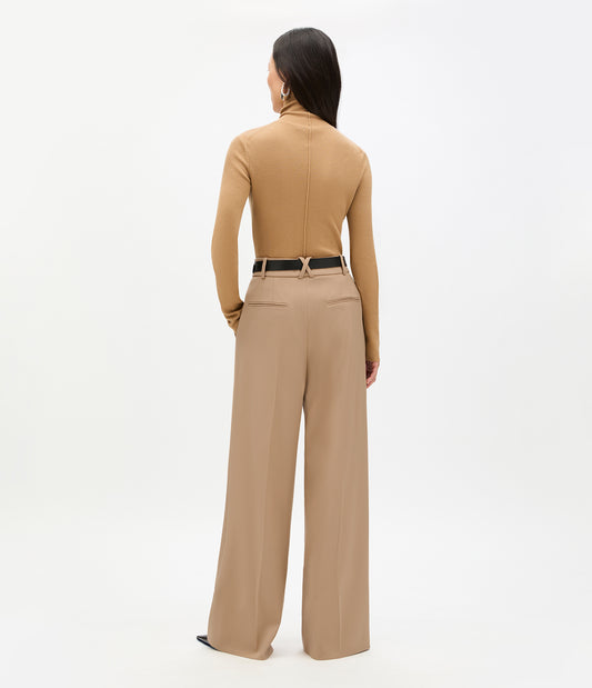 Another Tomorrow Twill Pleated Trouser in Camel – Wool Women's Trousers