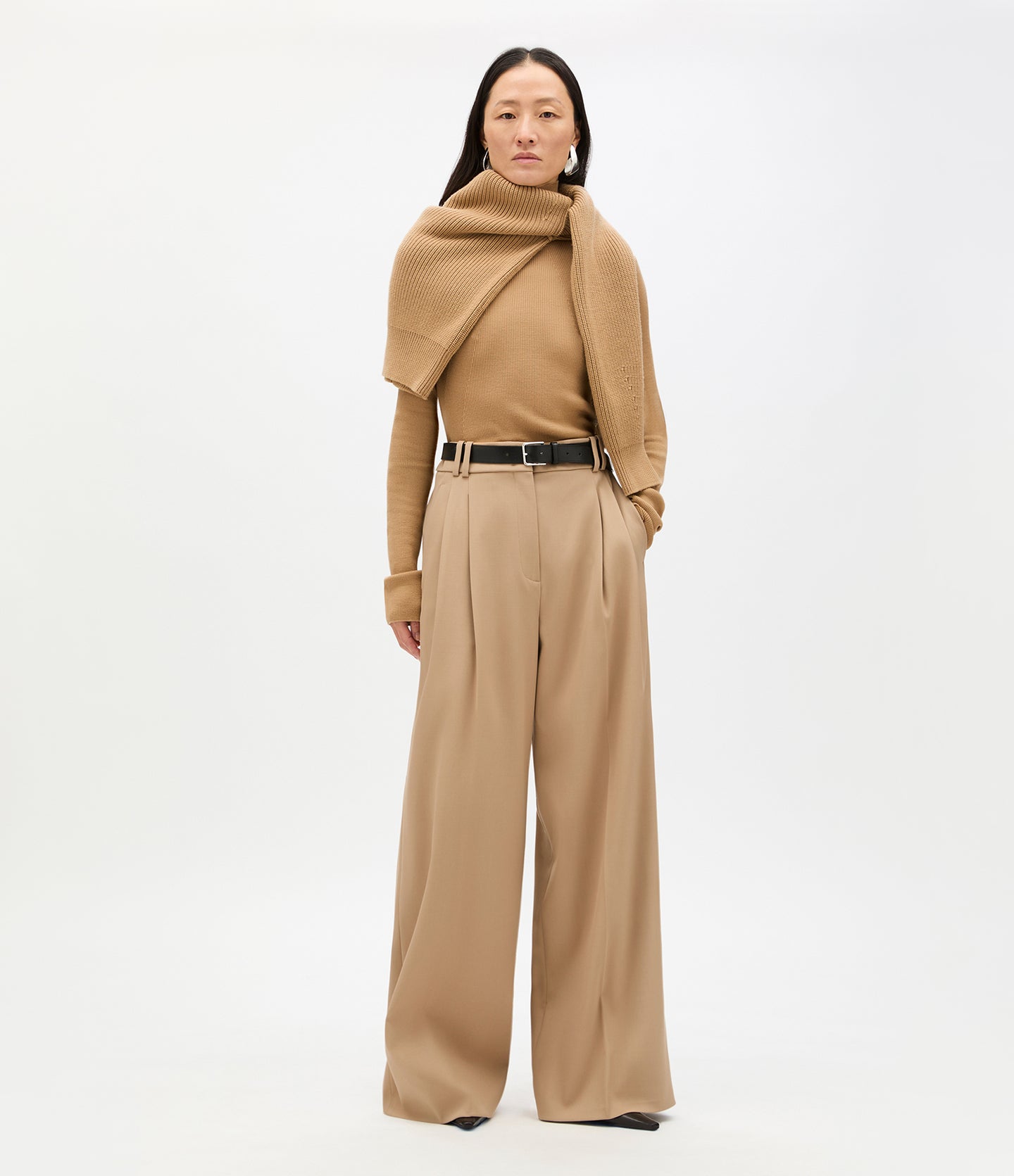 Another Tomorrow Twill Pleated Trouser in Camel – Wool Women's Trousers