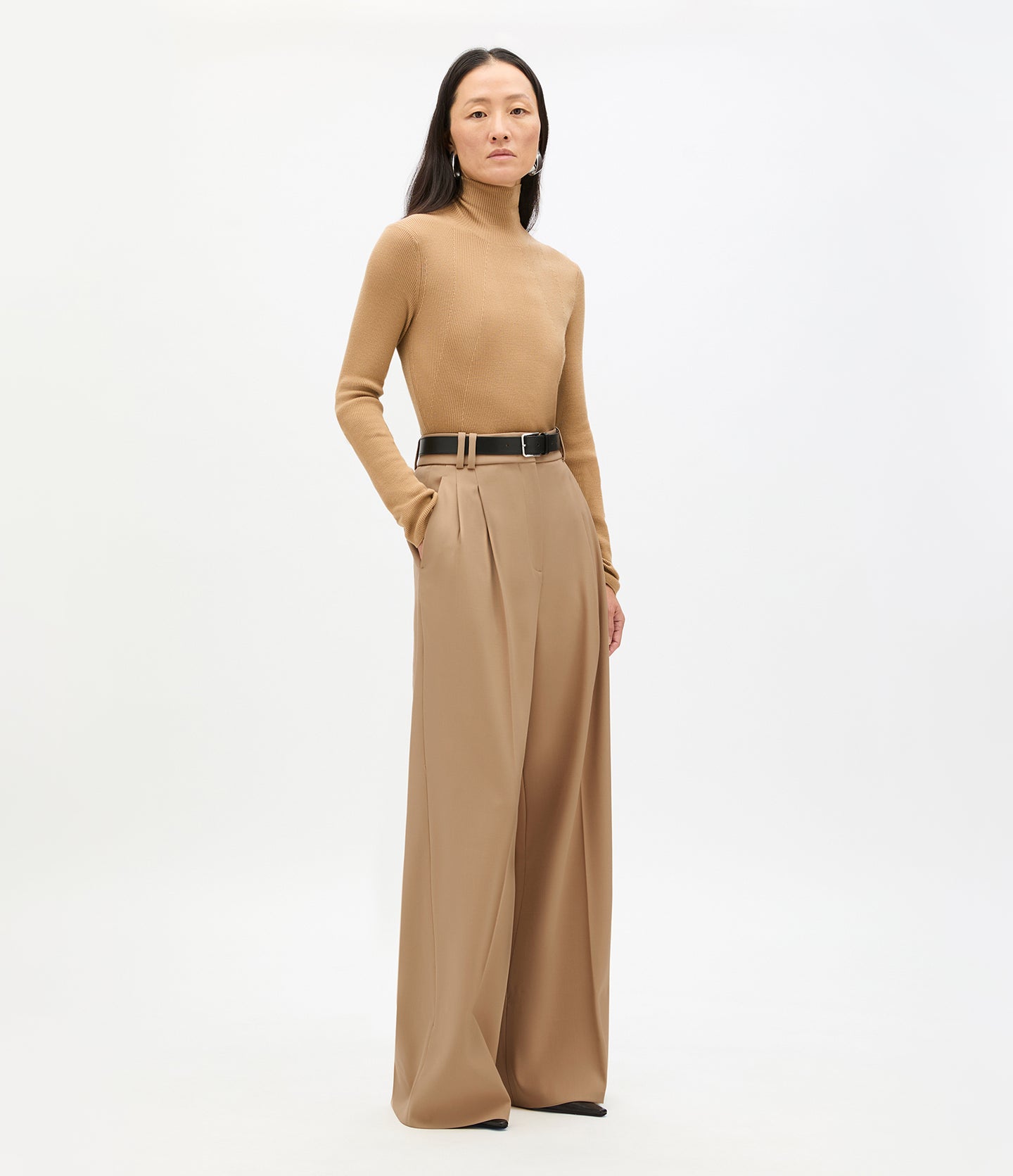 Another Tomorrow Twill Pleated Trouser in Camel – Wool Women's Trousers