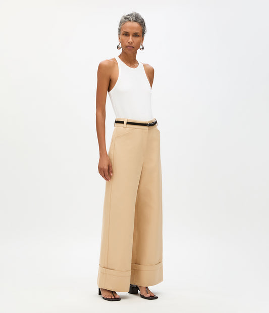 Another Tomorrow Wide Cuff Pant in Khaki – Cotton Women's Trousers
