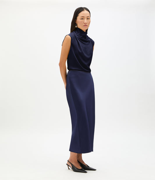 Another Tomorrow Silk Draped Top in Indigo – Silk Women's Top