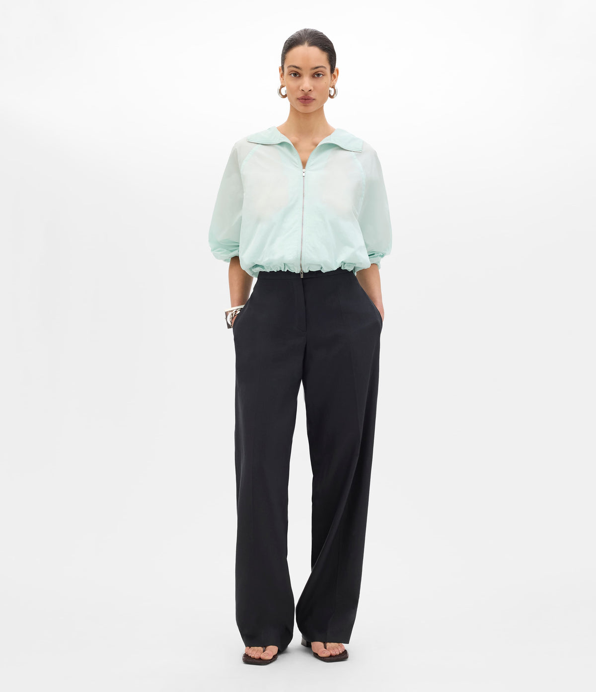 Another Tomorrow Recycled Nylon Short Blouson in Aquamarine – Nylon Women's Outerwear