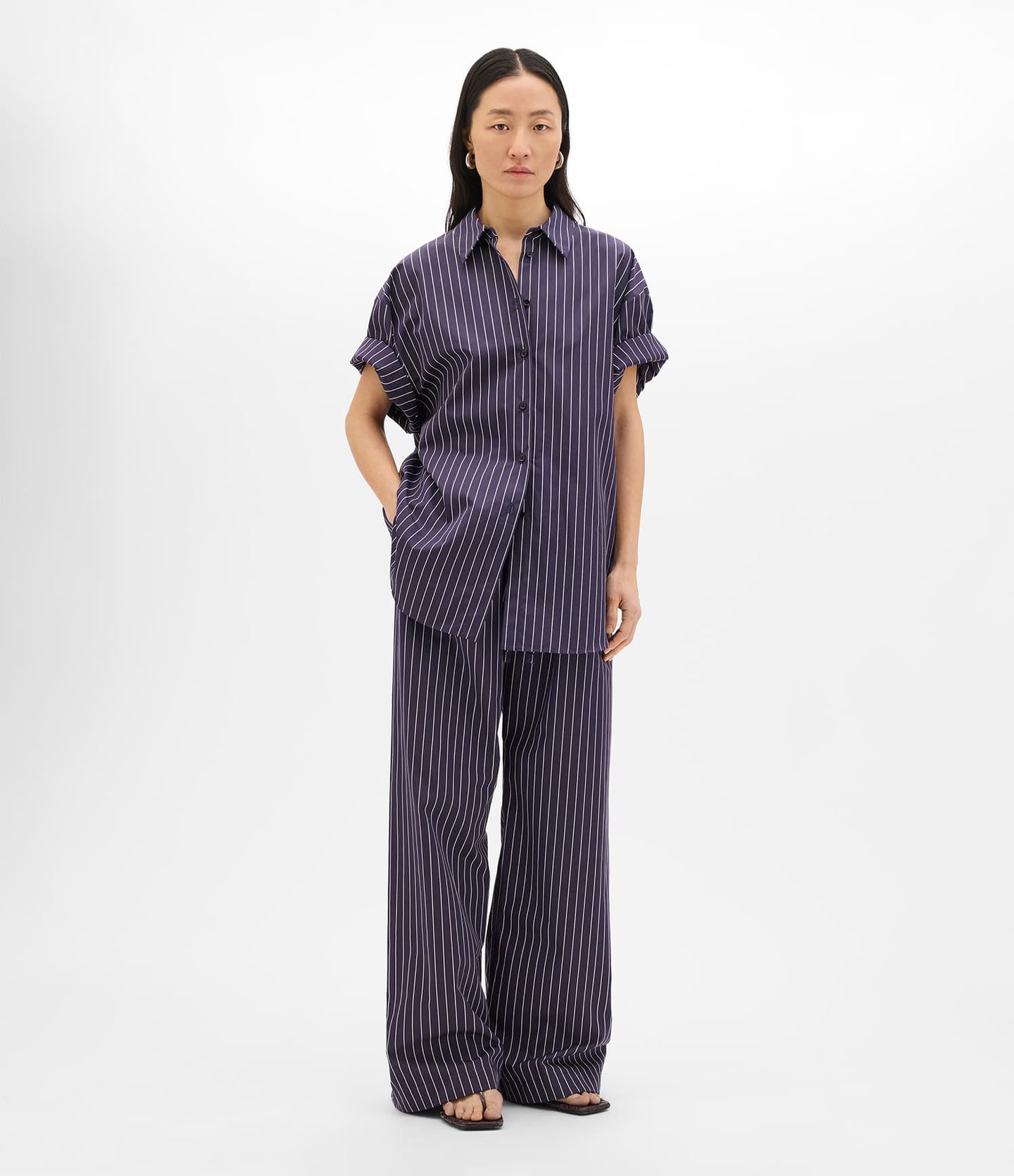 Another Tomorrow Short Sleeve Shirt in Navy/White Stripe – Cotton Women's Trousers