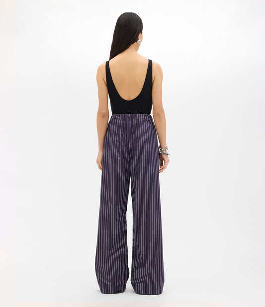 Another Tomorrow Drawcord Pant in Navy/White Stripe – Cotton Women's Trousers