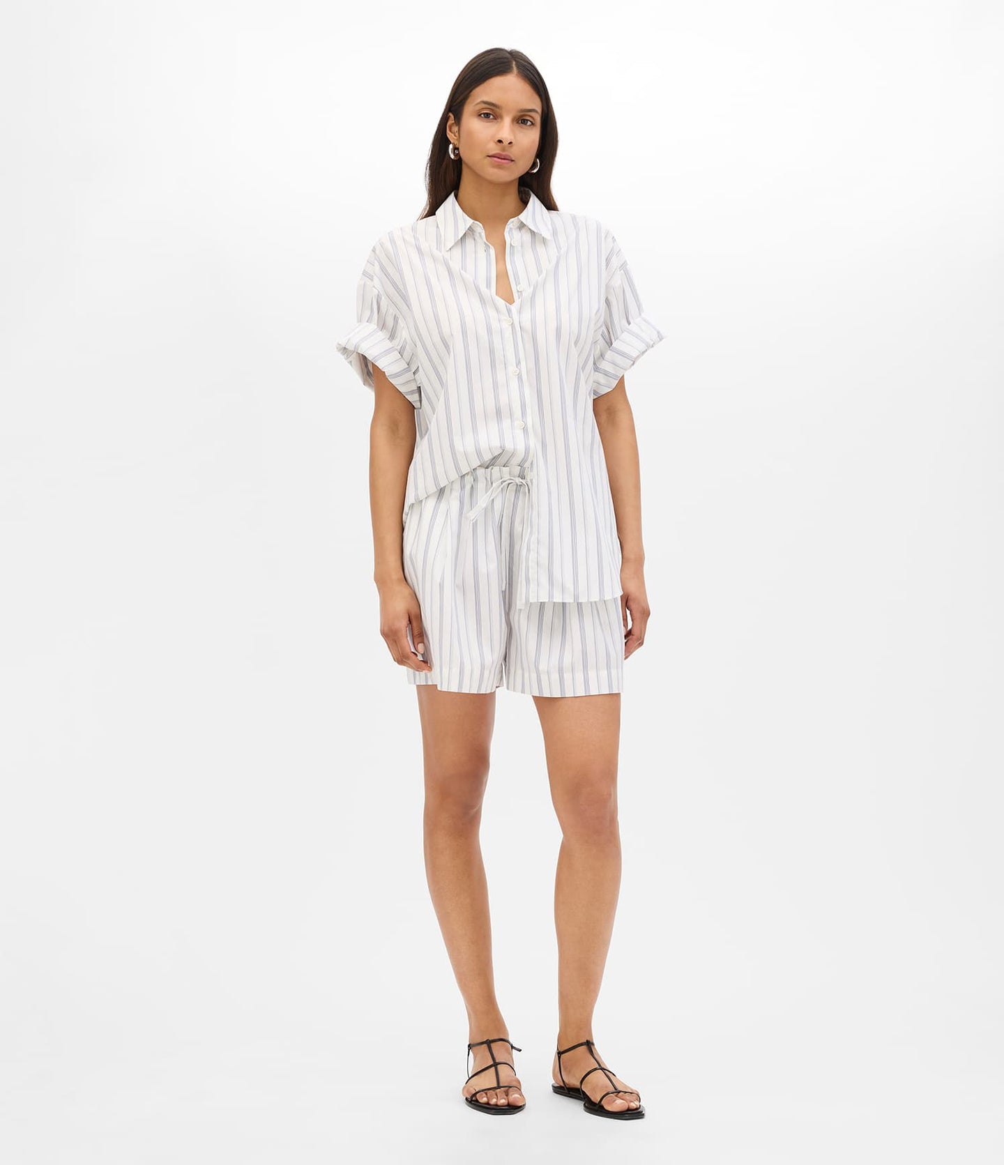 Another Tomorrow Drawcord Short in White/Navy Stripe – Cotton Women's Trousers