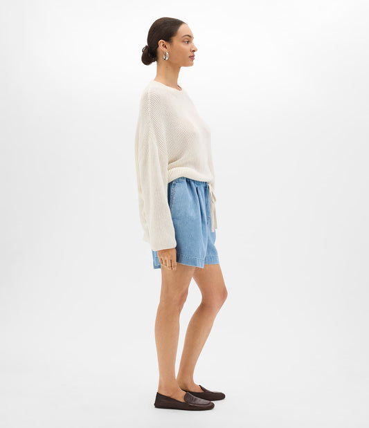 Another Tomorrow Draped Crew Knit in Off White – Cotton Women's Knitwear