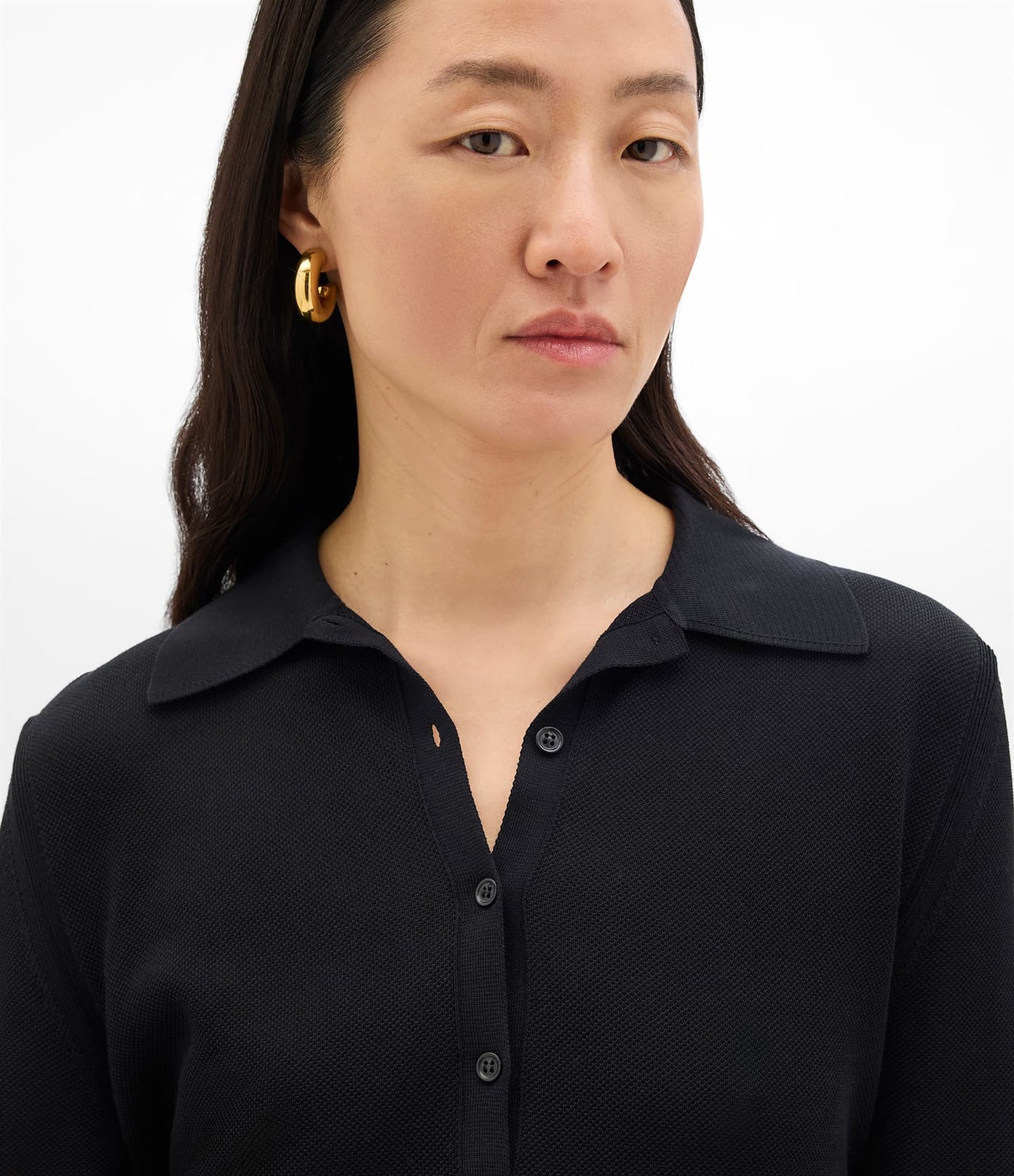 Another Tomorrow Pique Polo in Black – Cotton Women's Top