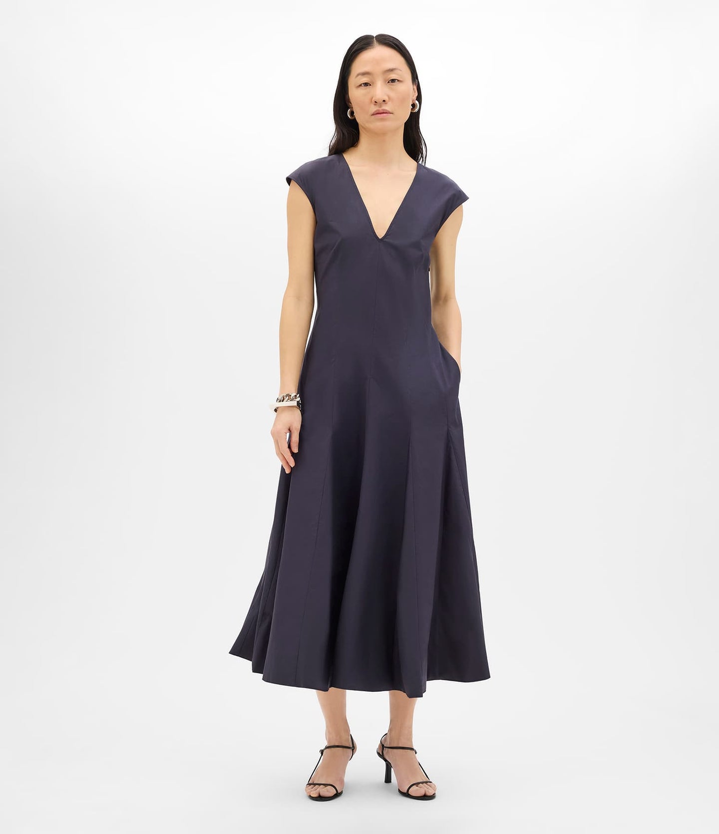 Another Tomorrow V Neck Day Dress in Midnight – Cotton Women's Dress