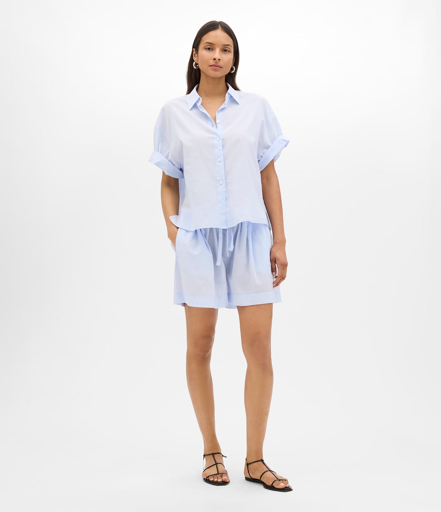 Another Tomorrow Voile Short Sleeve Shirt in Sky – Cotton Women's Trousers