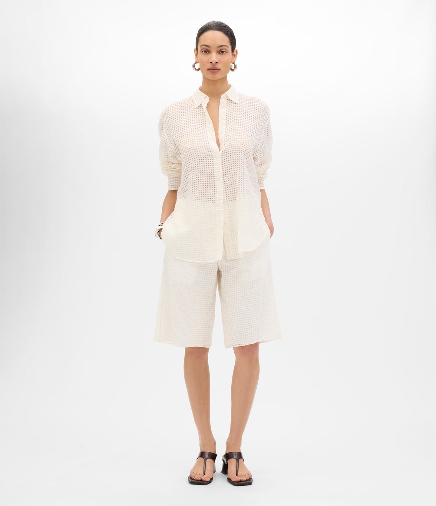 Another Tomorrow Gingham Blouse in Off White – Cotton Women's Top