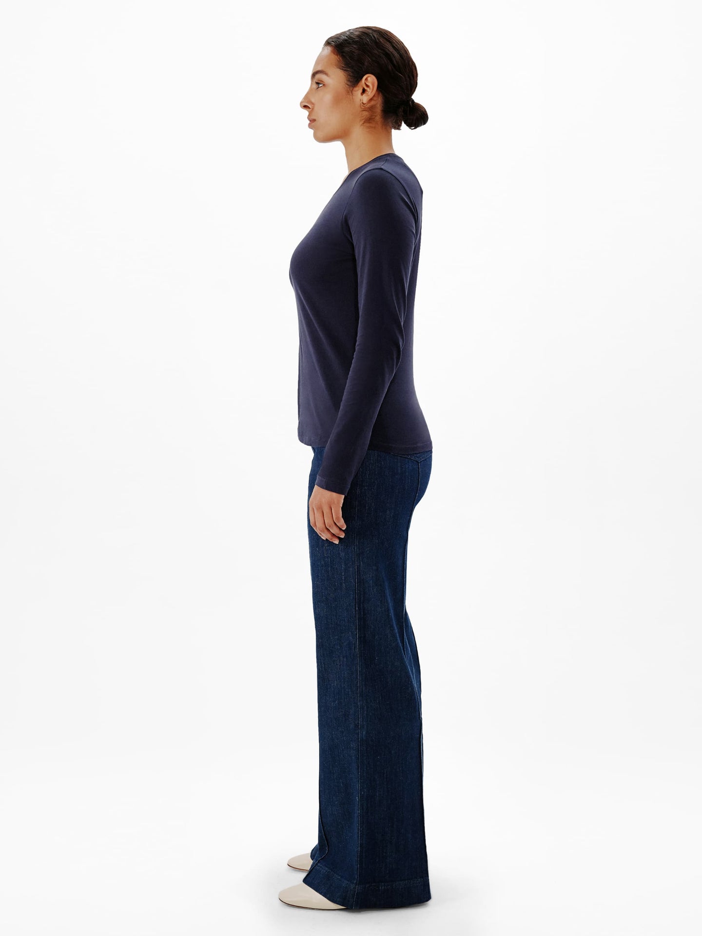 Another Tomorrow Long Sleeve T-Shirt in Navy – Cotton Women's Top