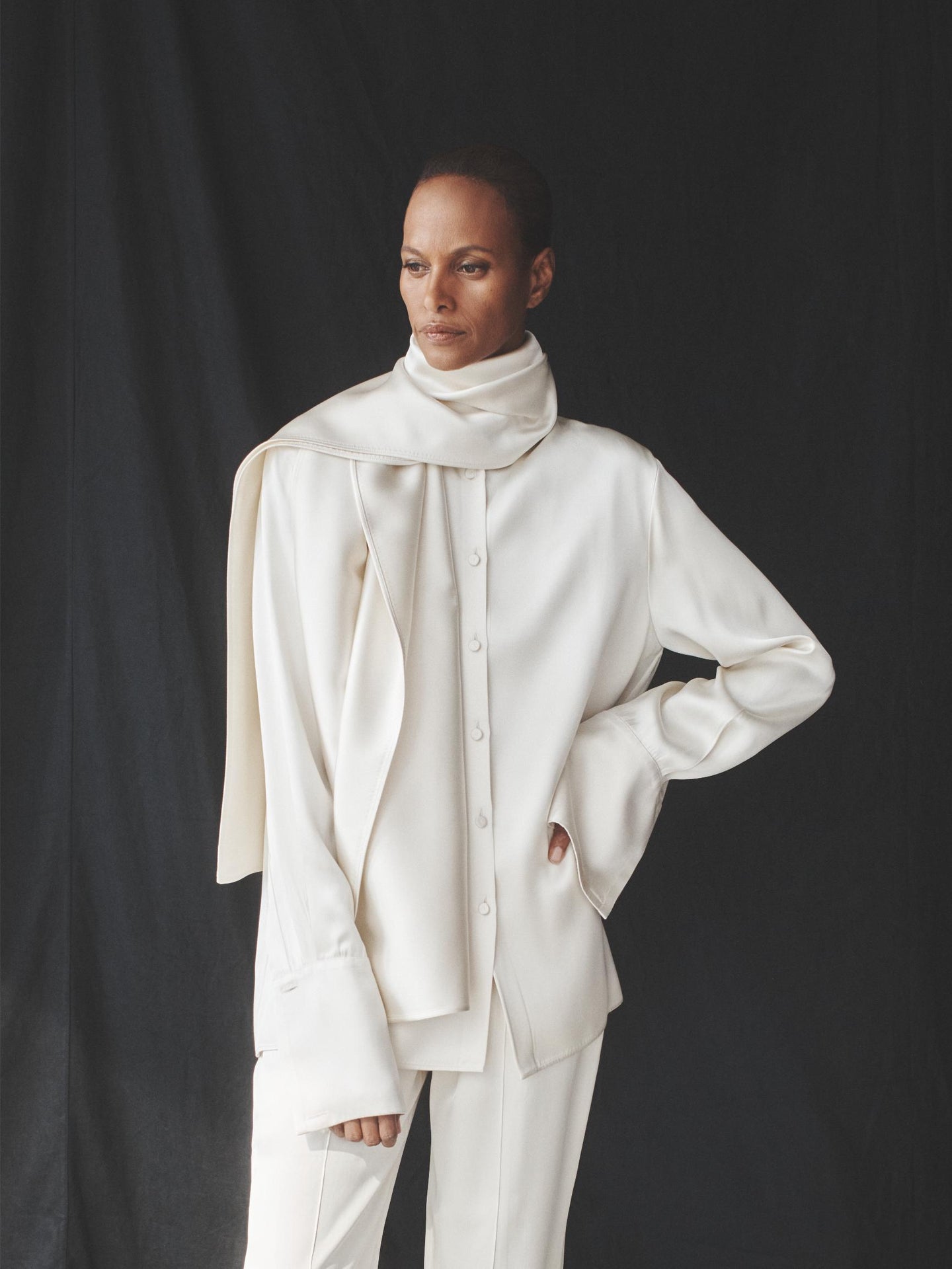 Another Tomorrow Band Collar Blouse With Scarf in Cream – Satin Women's Top