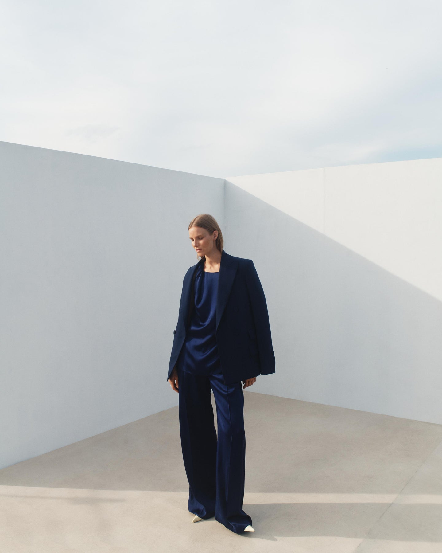 Another Tomorrow Satin Pleated Trouser in Indigo – Satin Women's Trousers