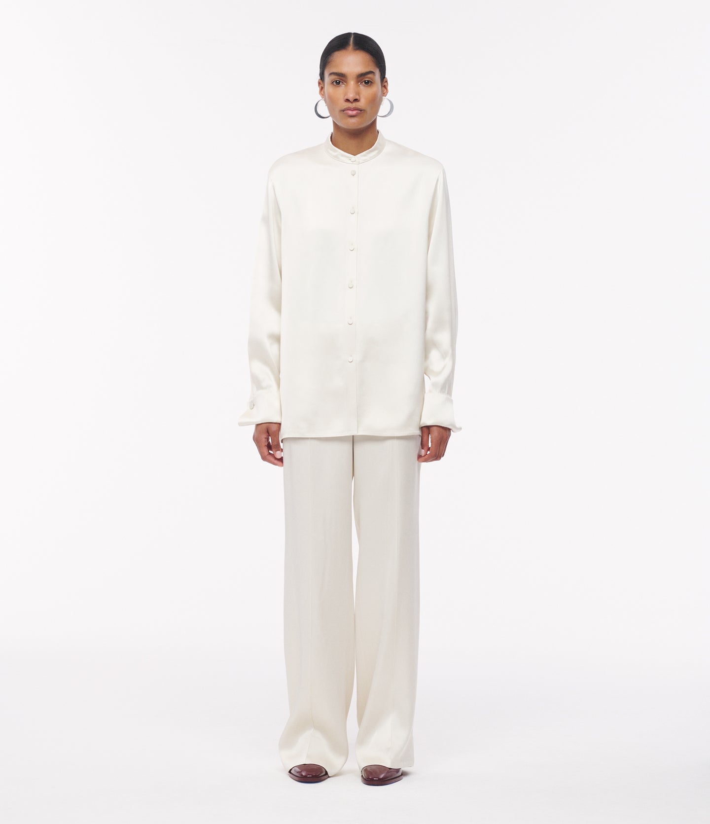 Another Tomorrow Band Collar Blouse With Scarf in Cream – Satin Women's Top
