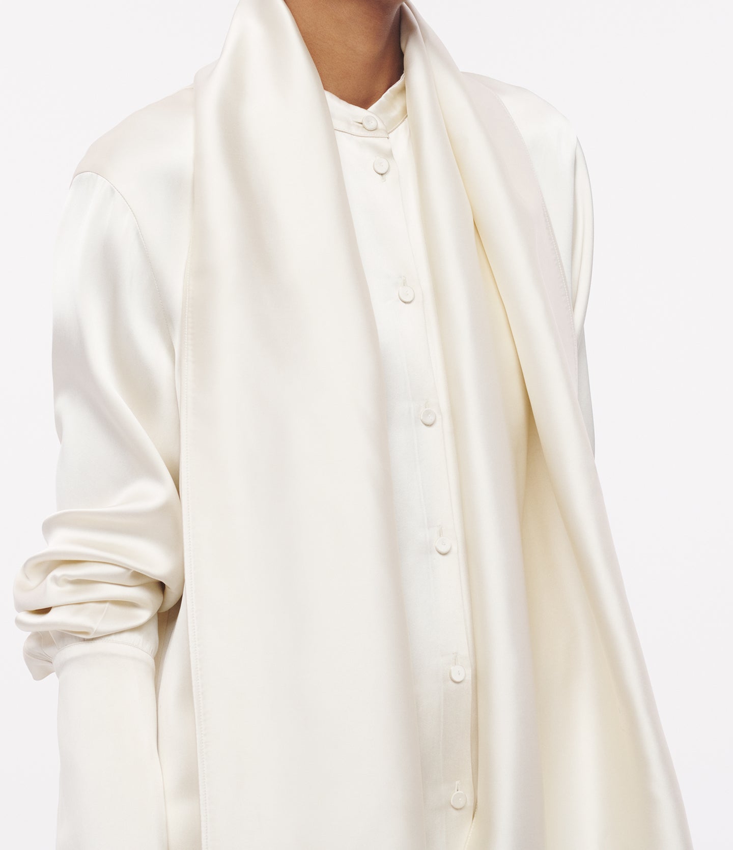 Another Tomorrow Band Collar Blouse With Scarf in Cream – Satin Women's Top
