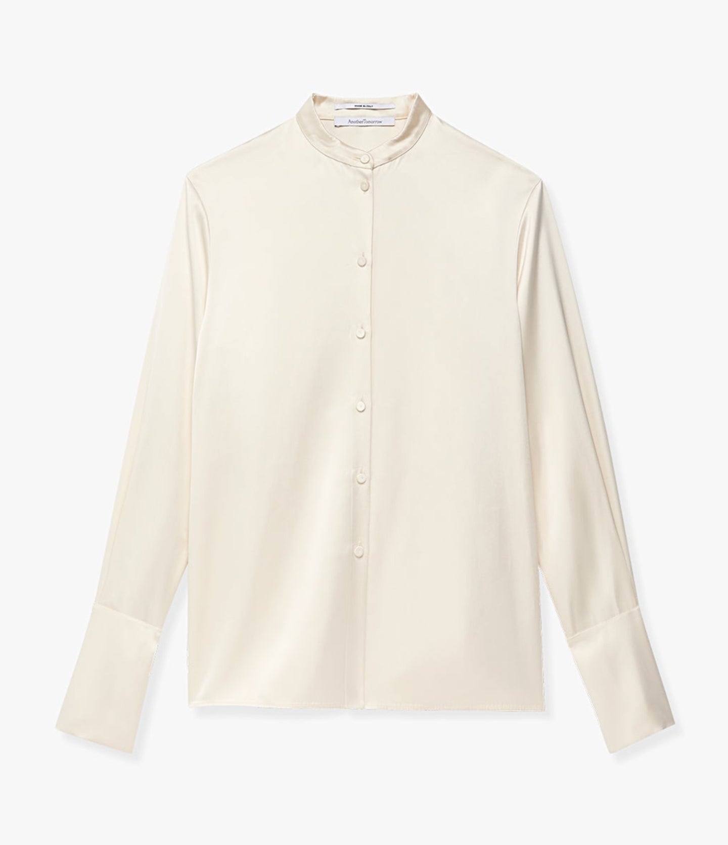 Another Tomorrow Band Collar Blouse With Scarf in Cream – Satin Women's Top