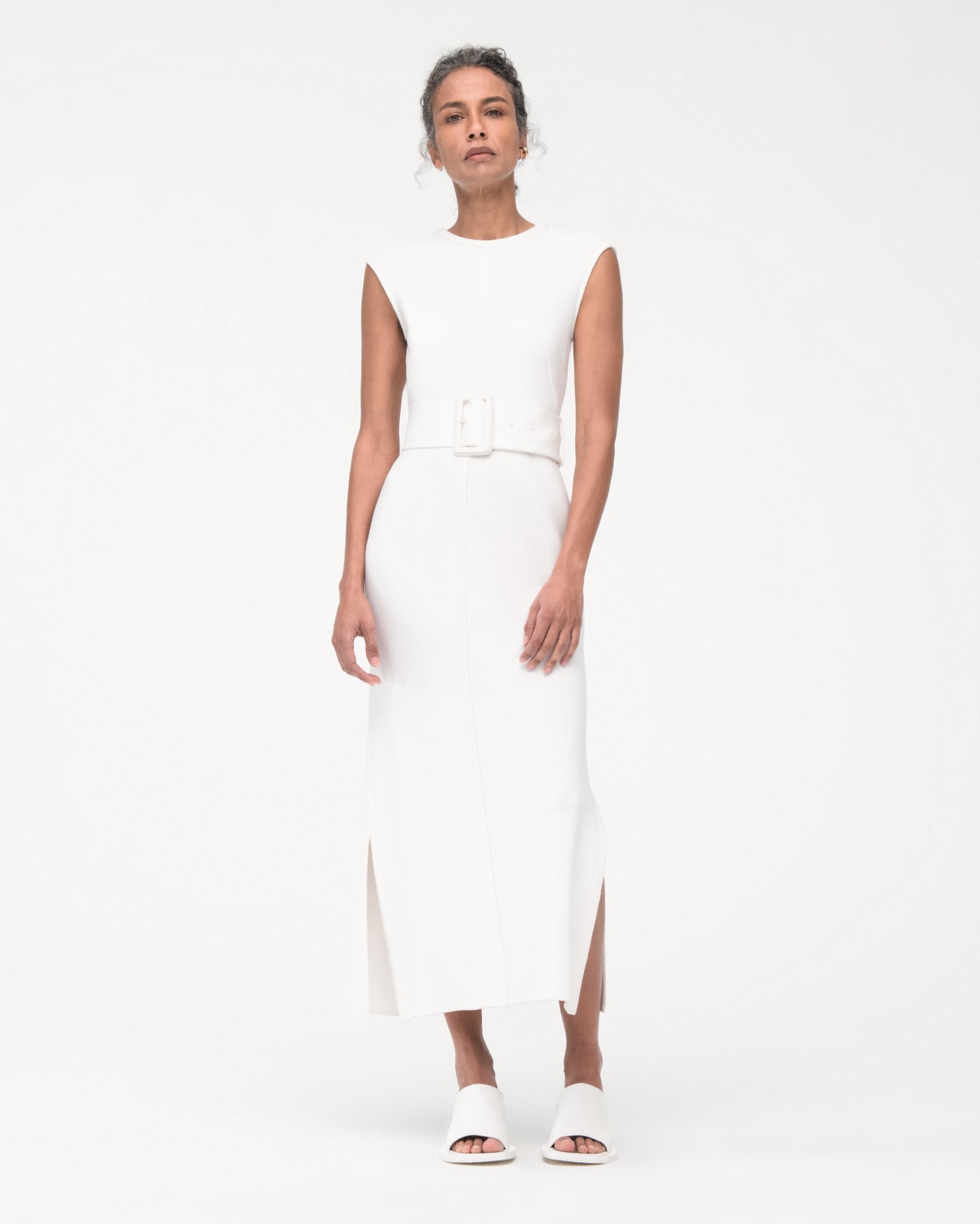 Another Tomorrow Bias Belted Dress in White – Crêpe Women's Dress