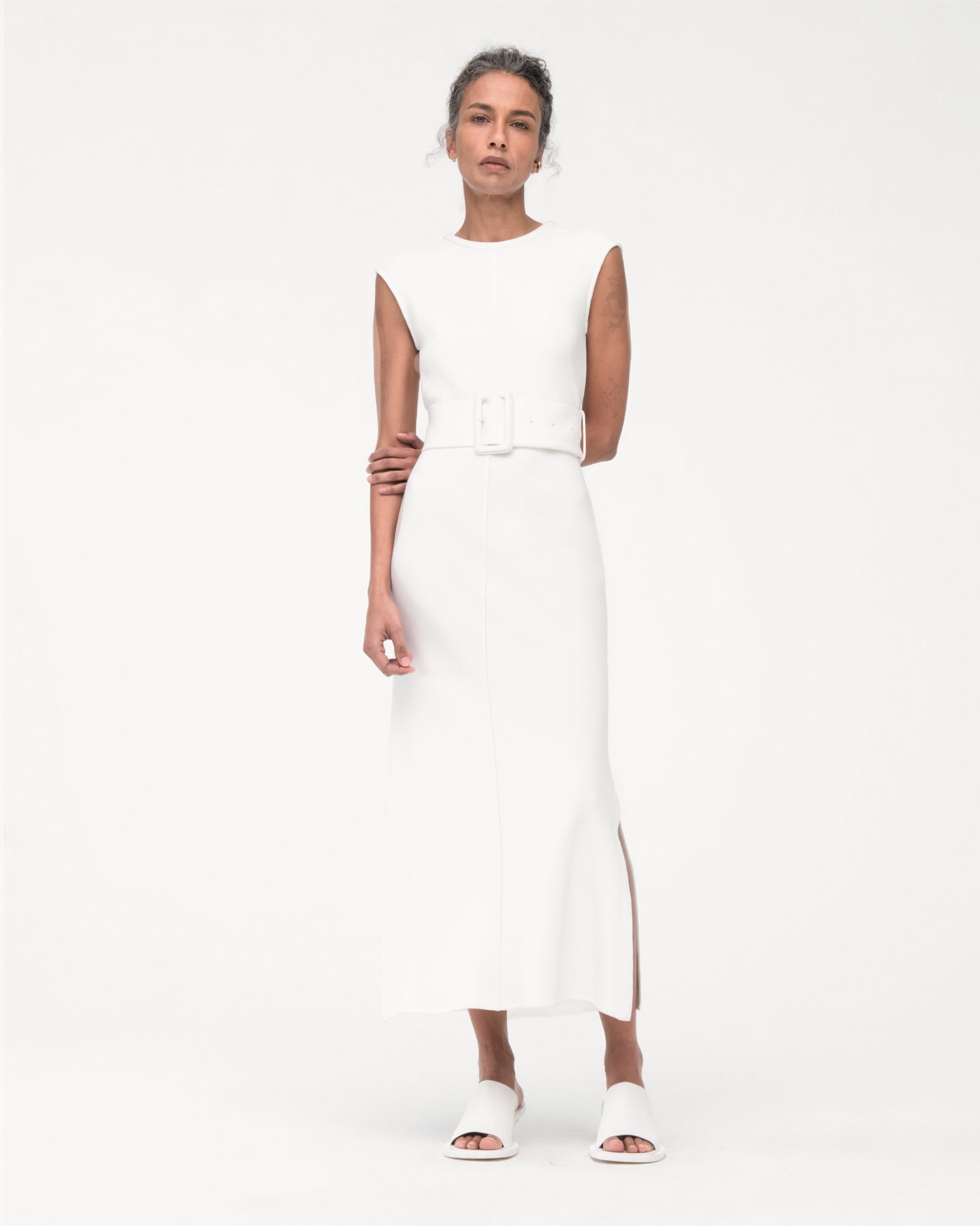 Another Tomorrow Bias Belted Dress in White – Crêpe Women's Dress