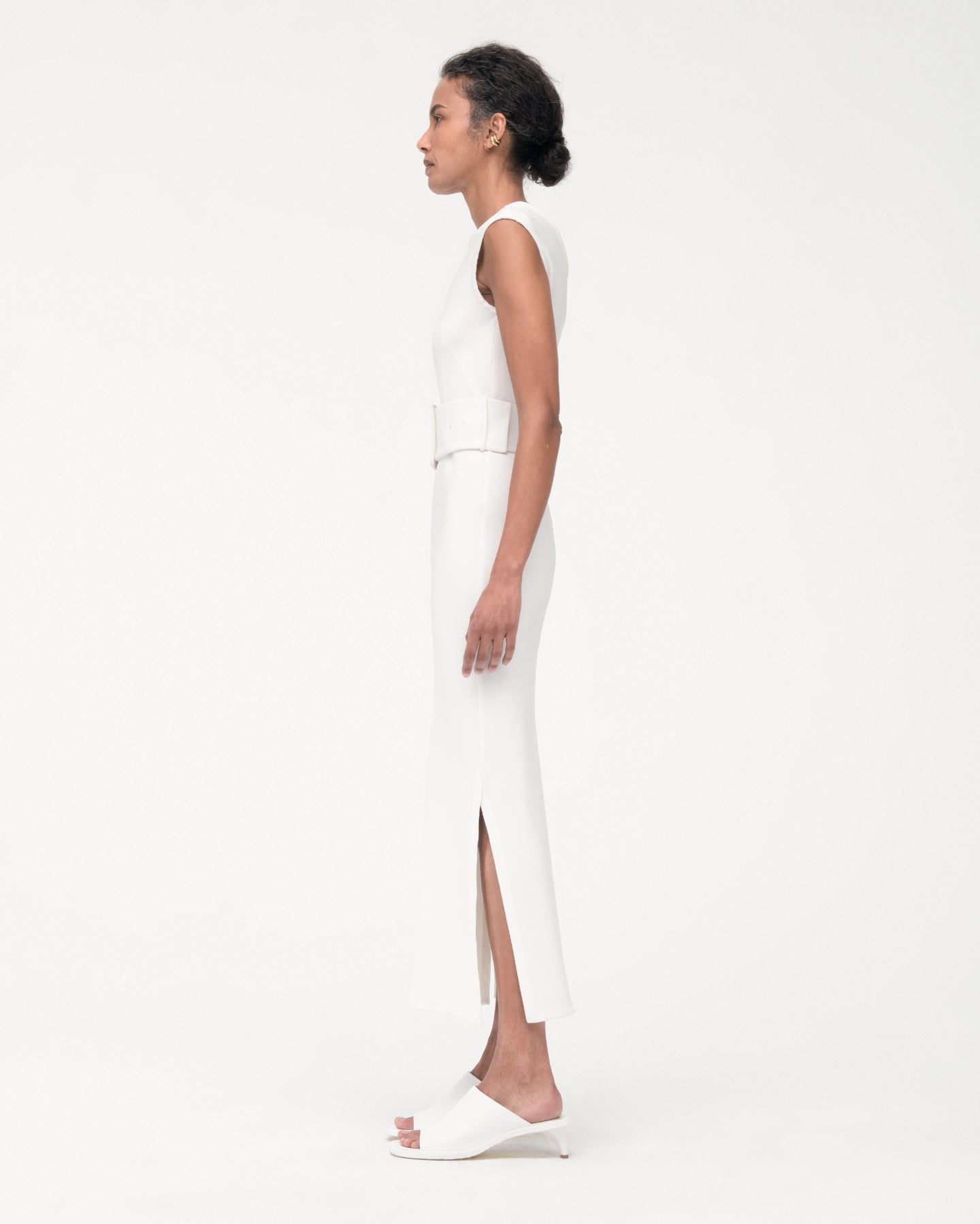Another Tomorrow Bias Belted Dress in White – Crêpe Women's Dress