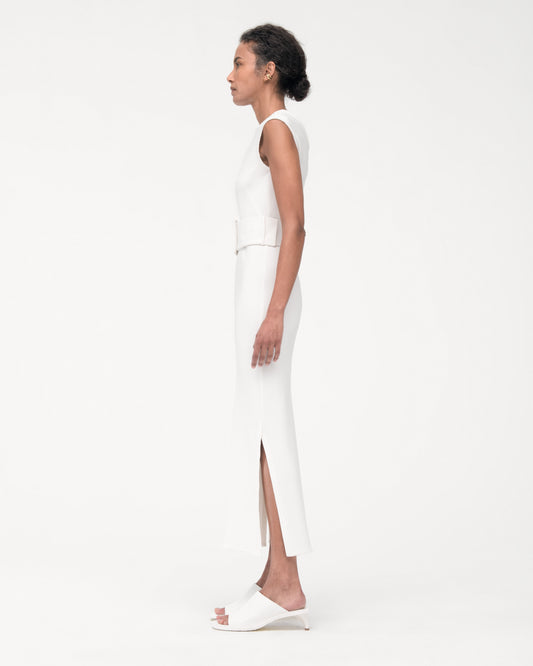 Another Tomorrow Bias Belted Dress in White – Crêpe Women's Dress
