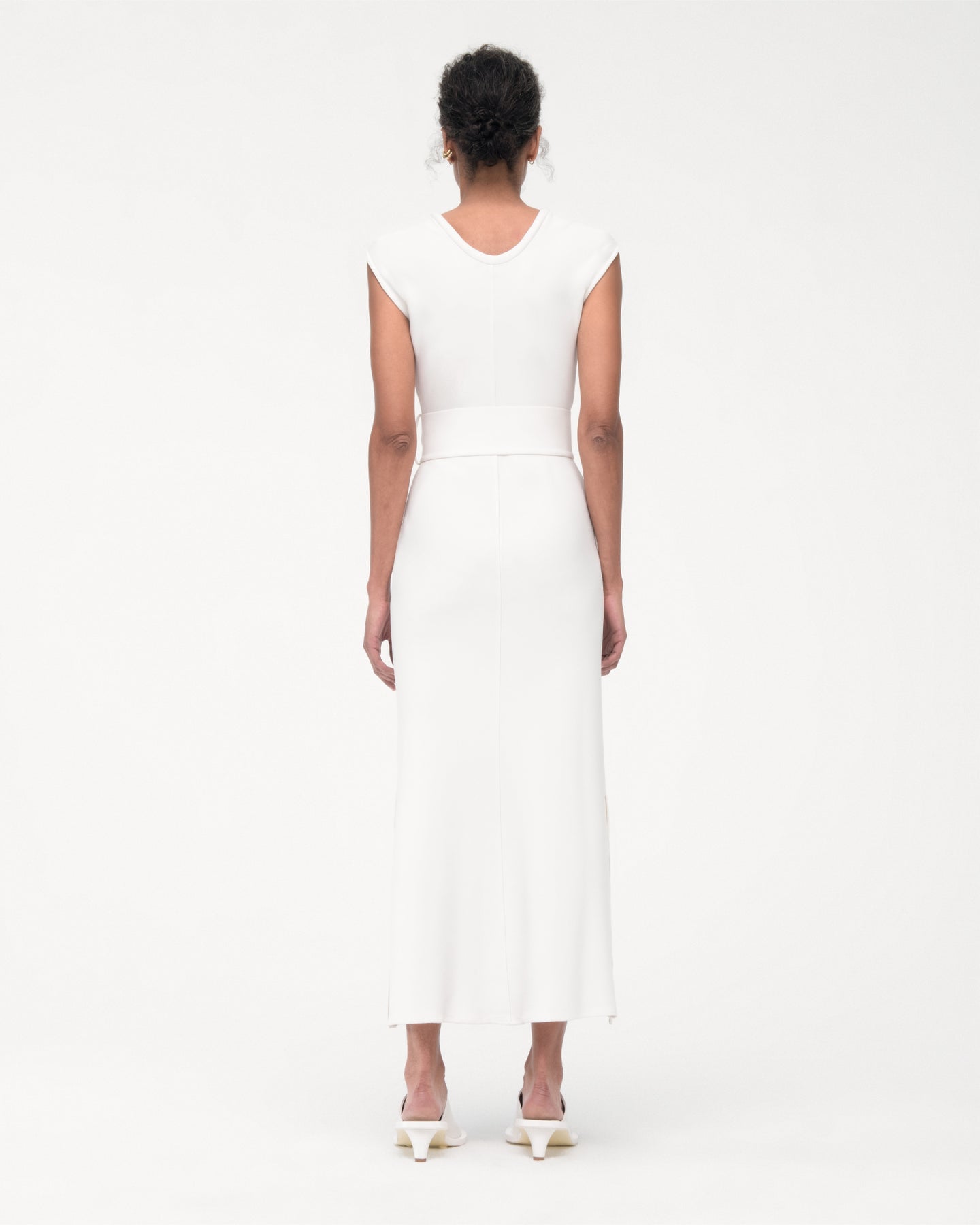 Another Tomorrow Bias Belted Dress in White – Crêpe Women's Dress