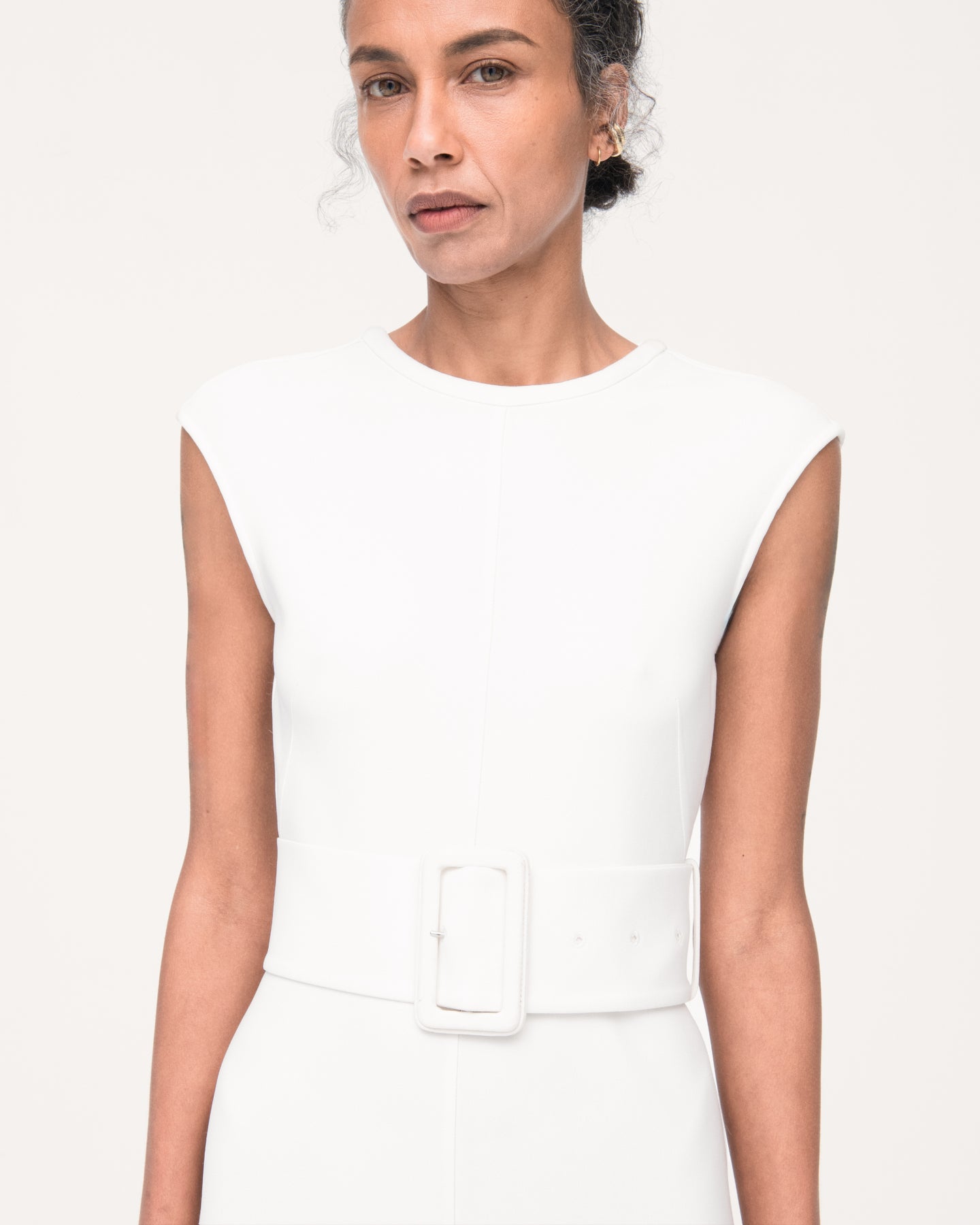 Another Tomorrow Bias Belted Dress in White – Crêpe Women's Dress