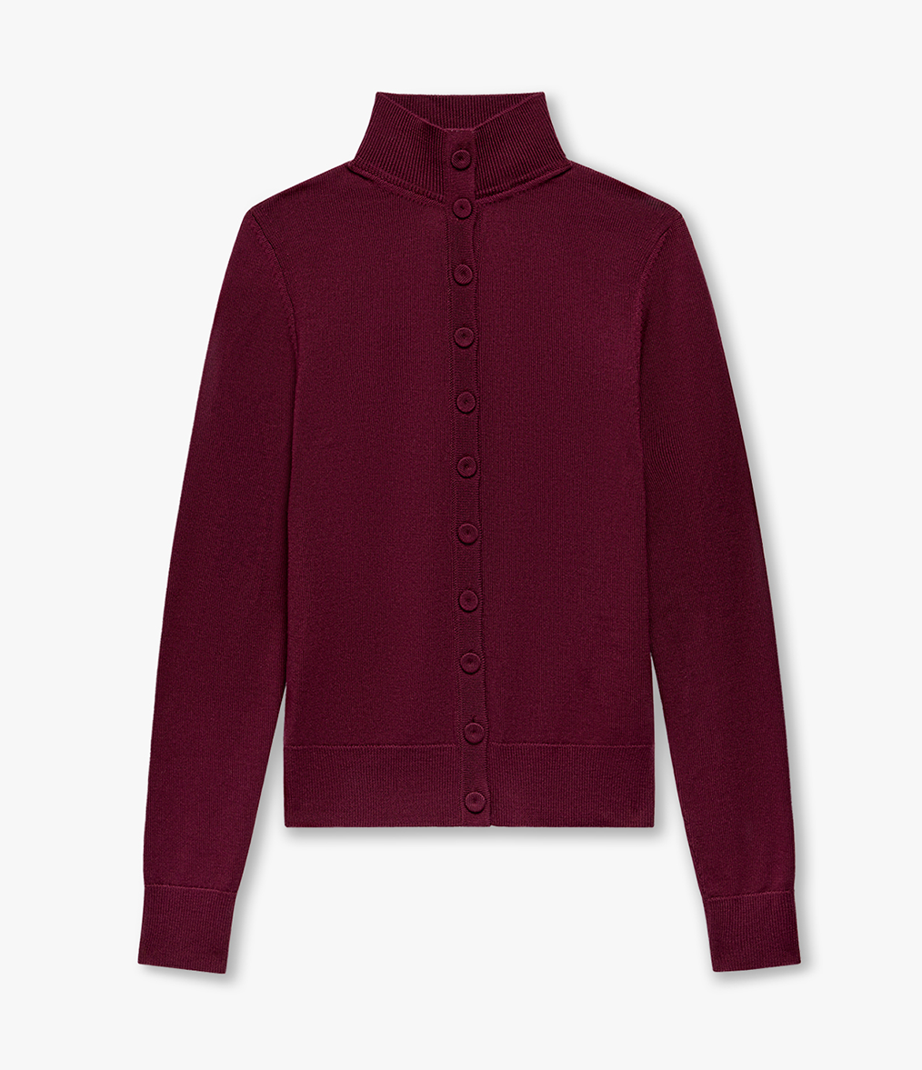Another Tomorrow Wool Turtleneck Cardigan in Aubergine – Wool Women's Knitwear