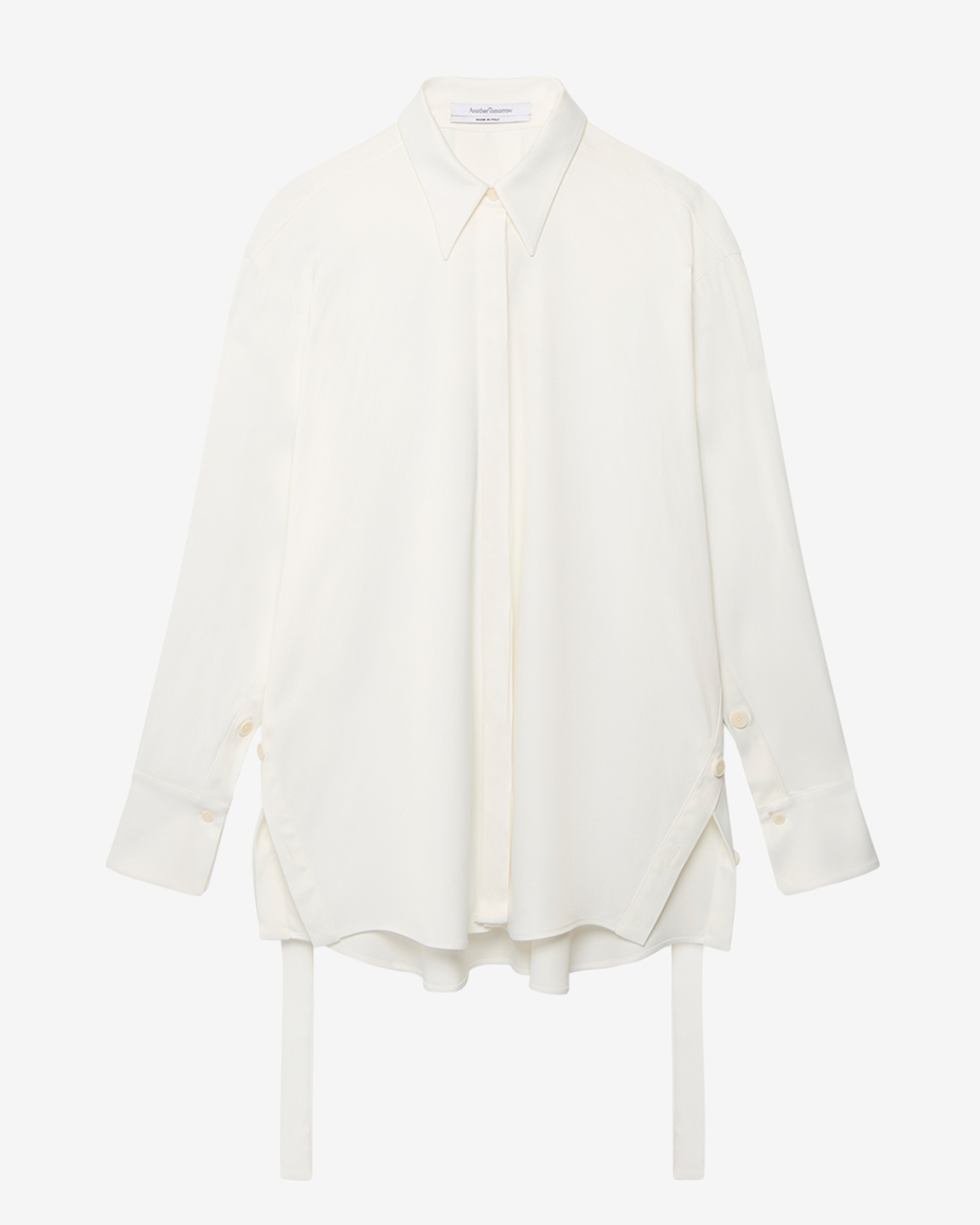 Another Tomorrow Bias Button Side Shirt in Off White – Satin Women's Top