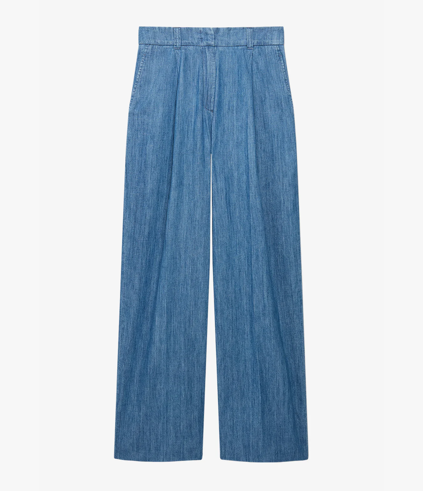 Another Tomorrow Chambray Relaxed Wide Leg Pant in Medium Blue – Denim Women's Trousers