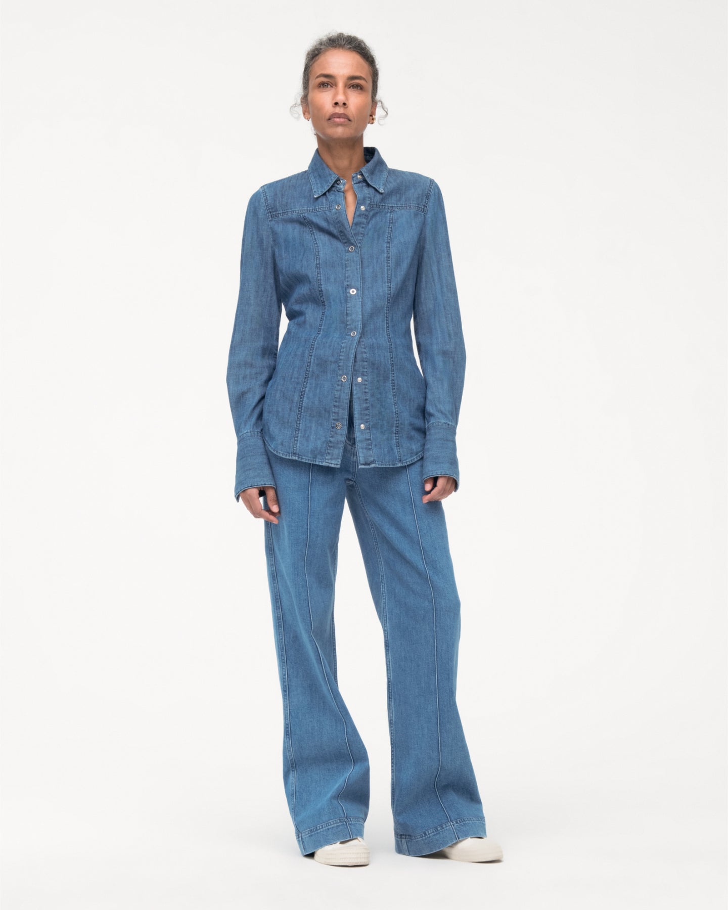 Another Tomorrow Chambray Shirt in Light Blue Wash – Denim Women's Top