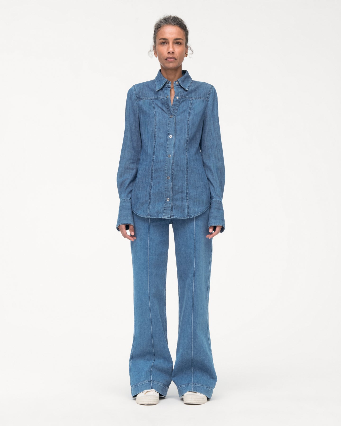 Another Tomorrow Chambray Shirt in Light Blue Wash – Denim Women's Top