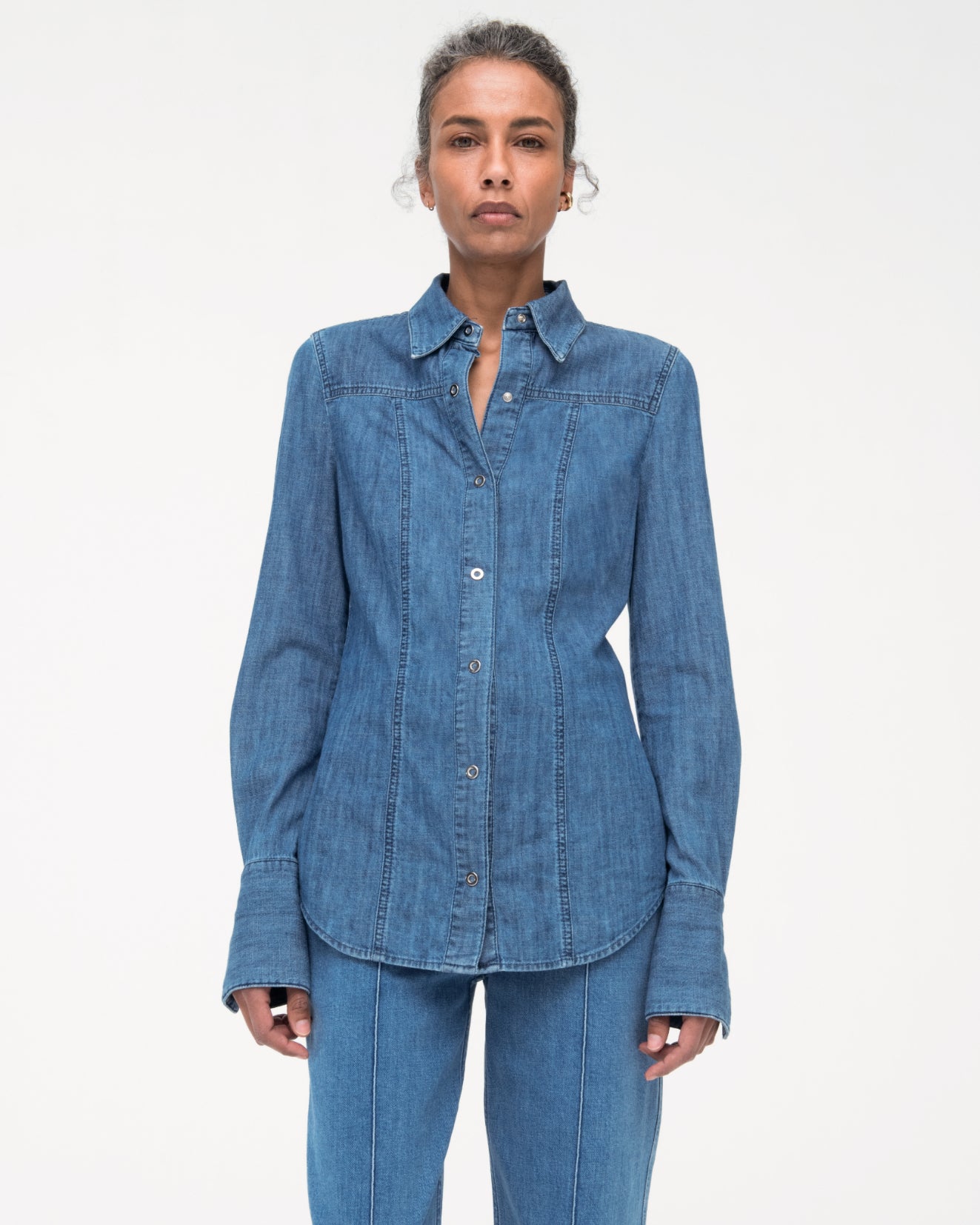 Another Tomorrow Chambray Shirt in Light Blue Wash – Denim Women's Top