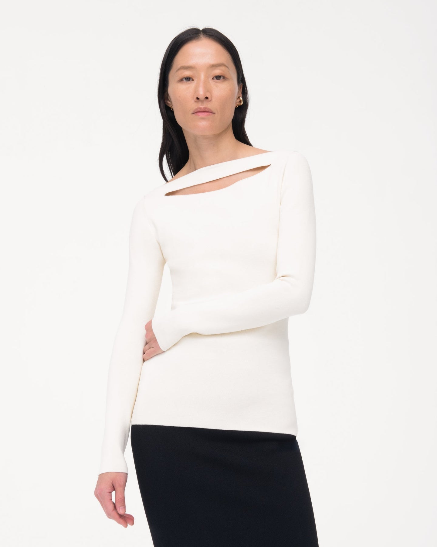 Another Tomorrow Compact Cutout Knit Top in Off White – Viscose Women's Knitwear