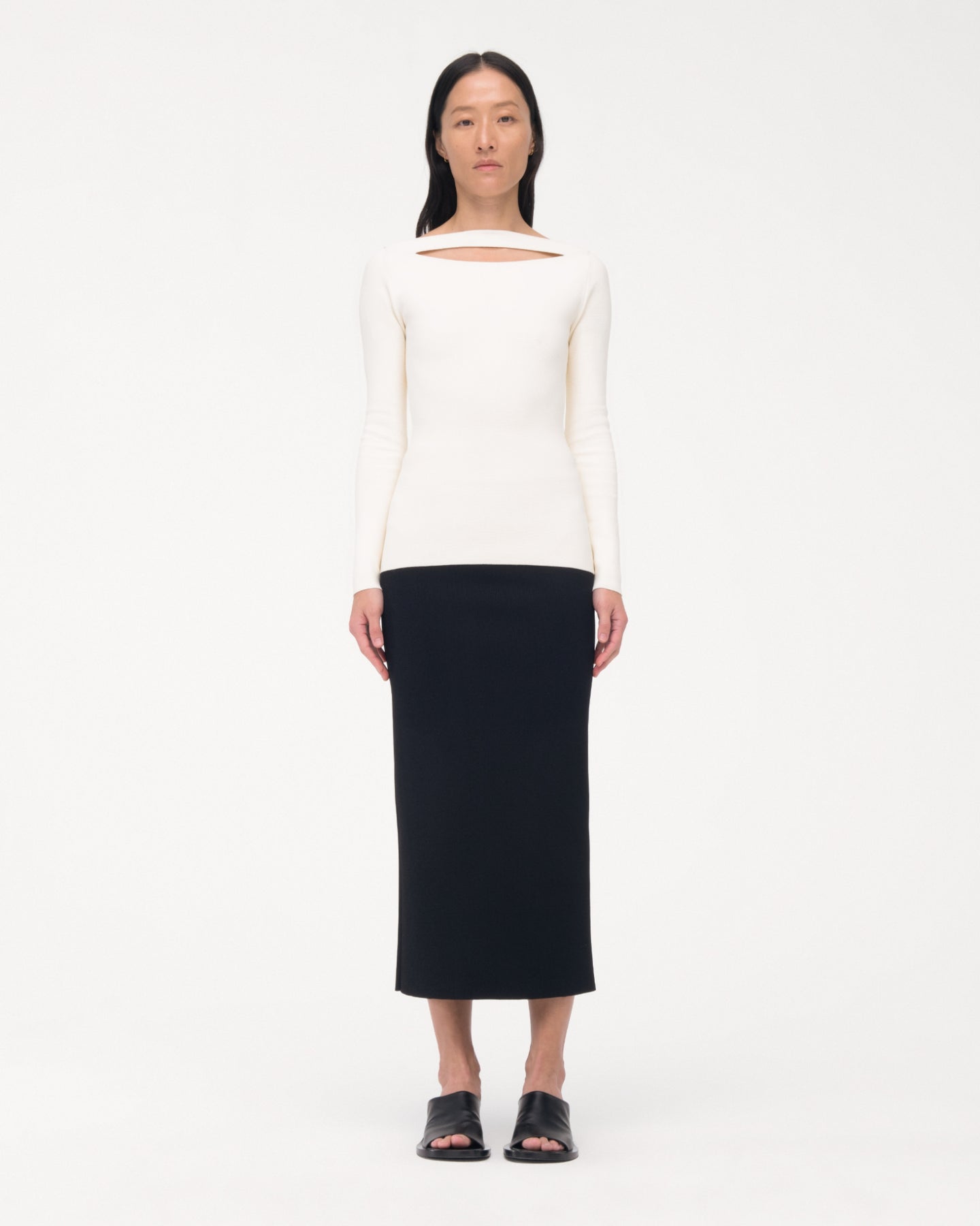 Another Tomorrow Compact Cutout Knit Top in Off White – Viscose Women's Knitwear
