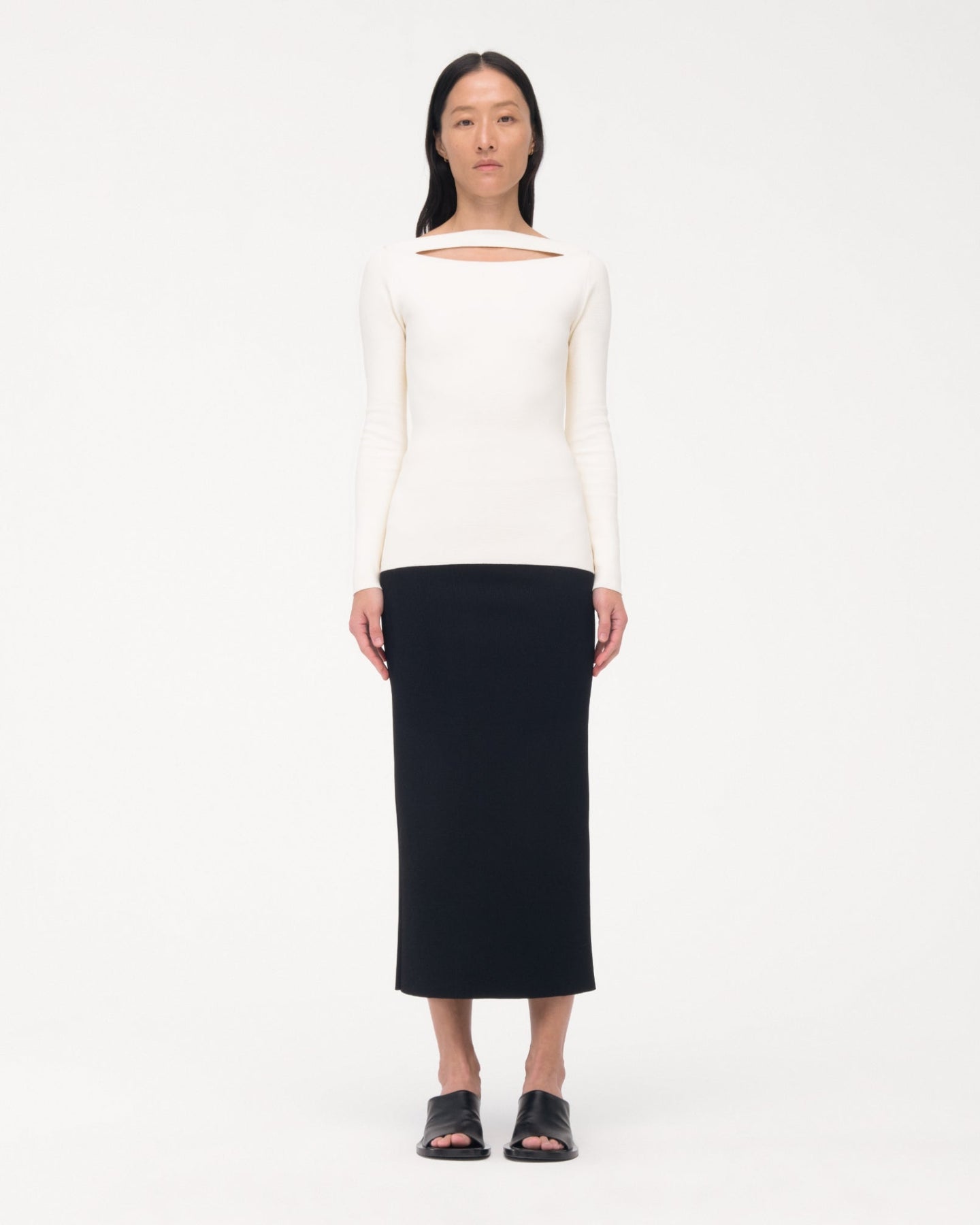 Another Tomorrow Compact Cutout Knit Top in Off White – Viscose Women's Knitwear