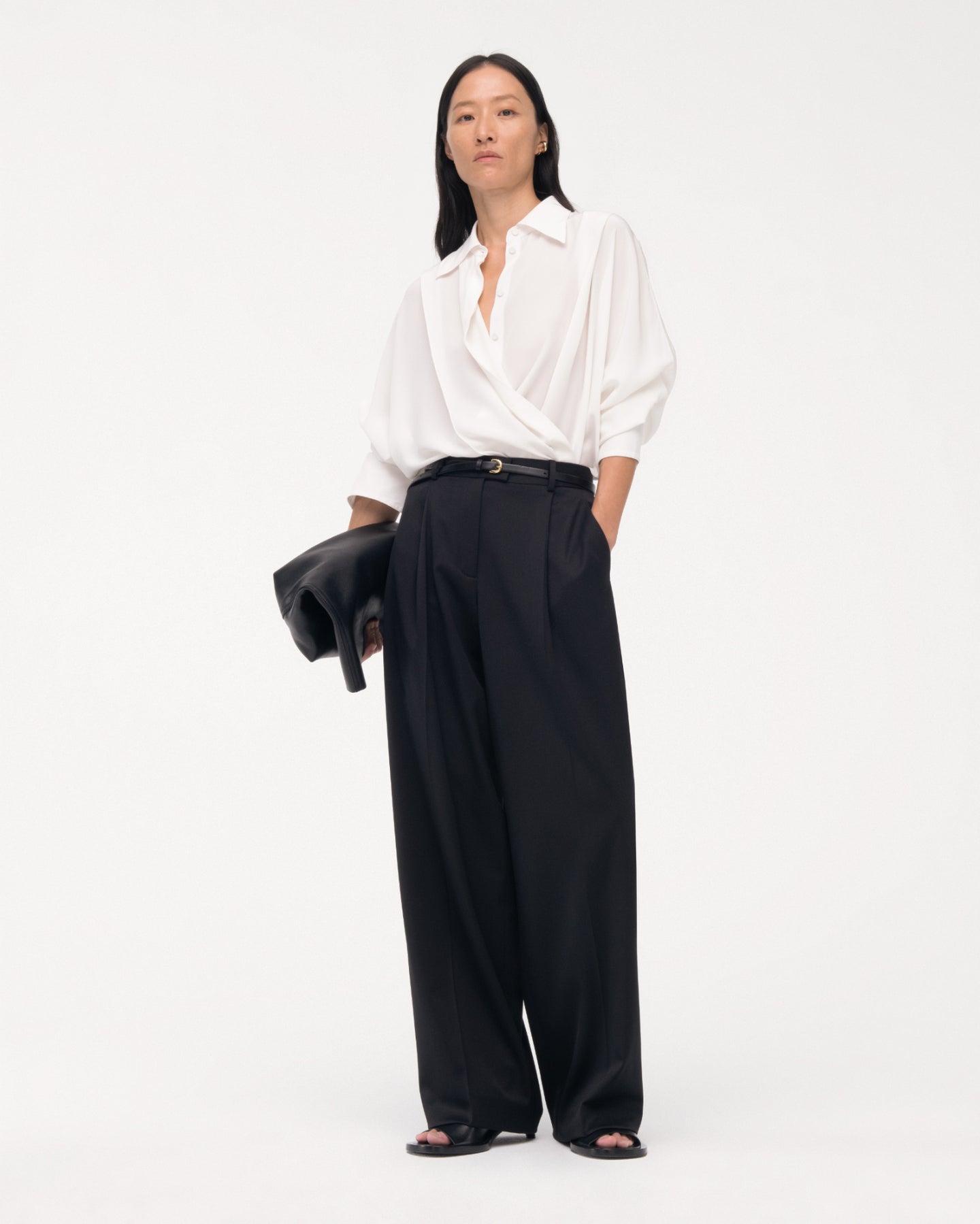 Another Tomorrow Silk Pleated Wrap Shirt in Off White – Silk Women's Top