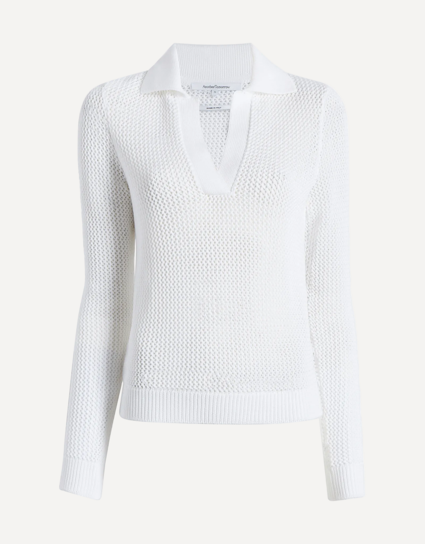 Another Tomorrow Crochet Polo Sweater in White – Cotton Women's Knitwear