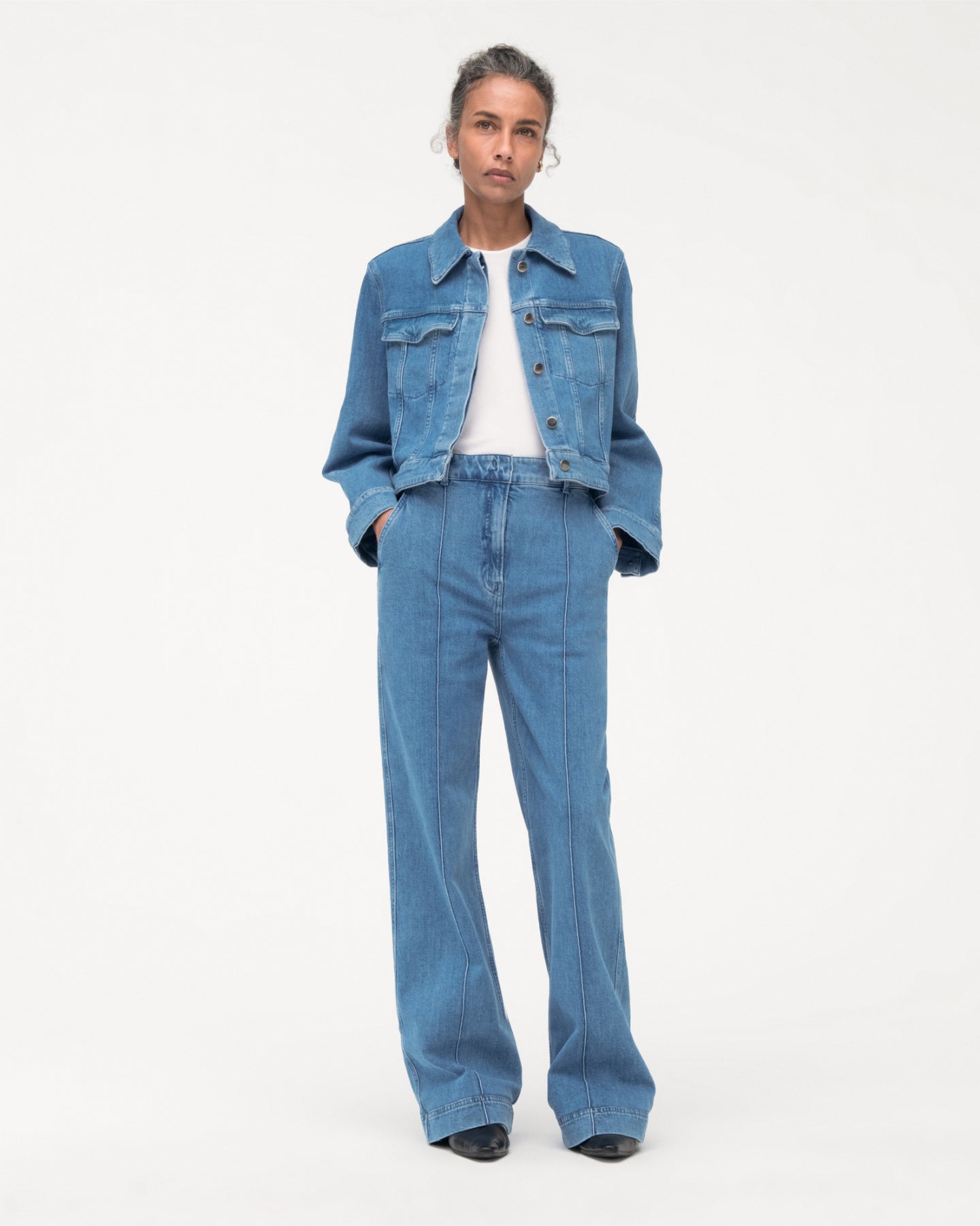 Another Tomorrow Cropped Denim Jacket in Light Blue Wash – Denim Women's Jacket