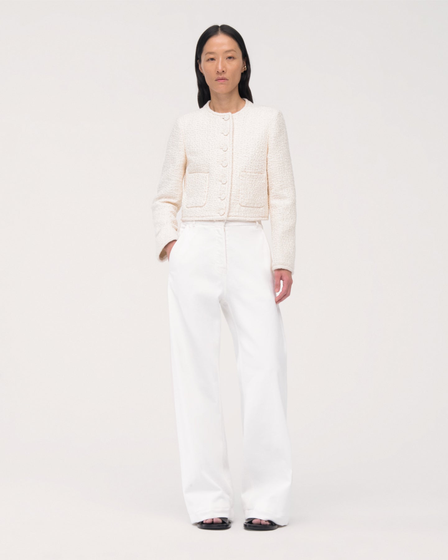 Another Tomorrow Cropped Tweed Jacket in Cream – Cotton Women's Jacket