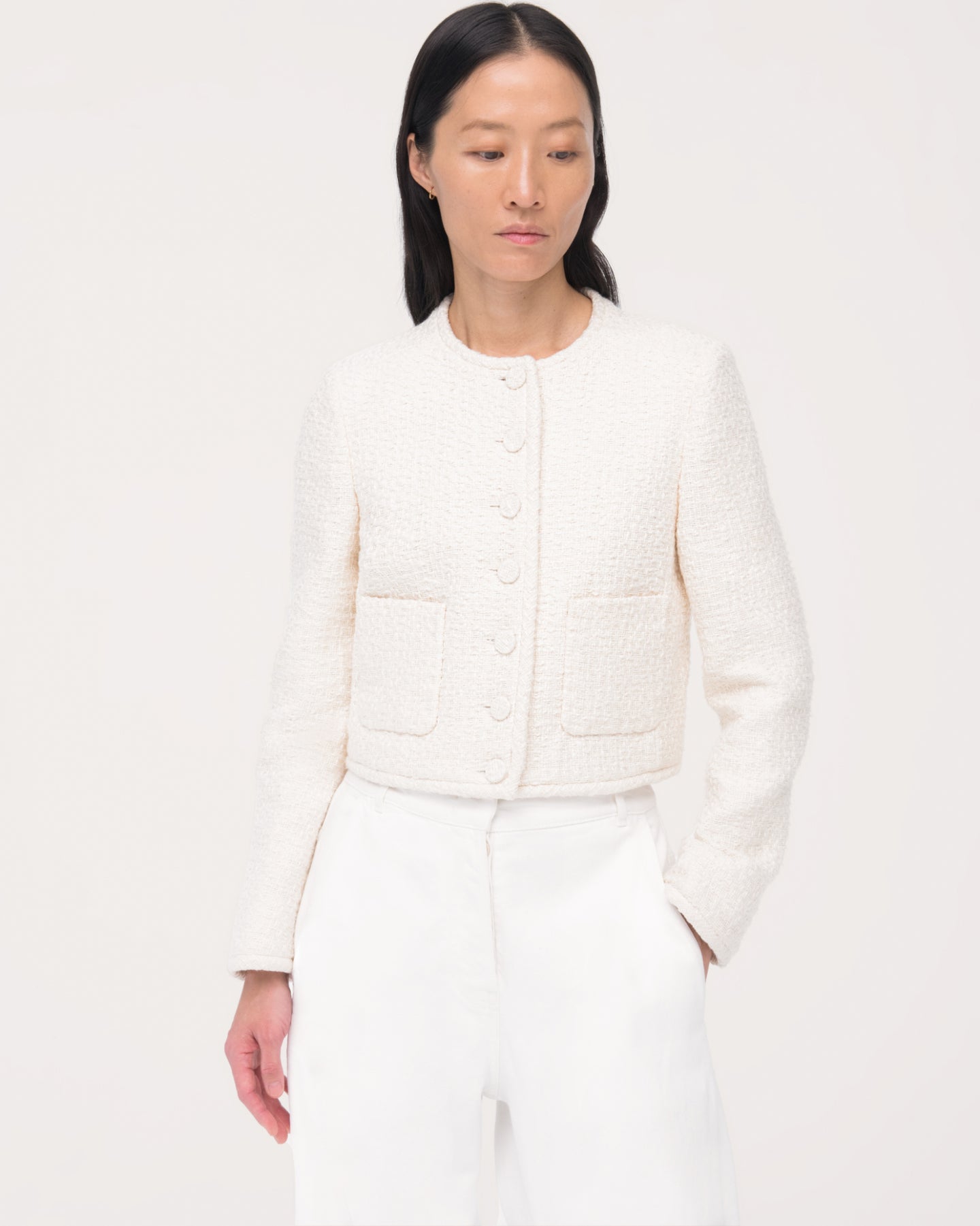 Another Tomorrow Cropped Tweed Jacket in Cream – Cotton Women's Jacket
